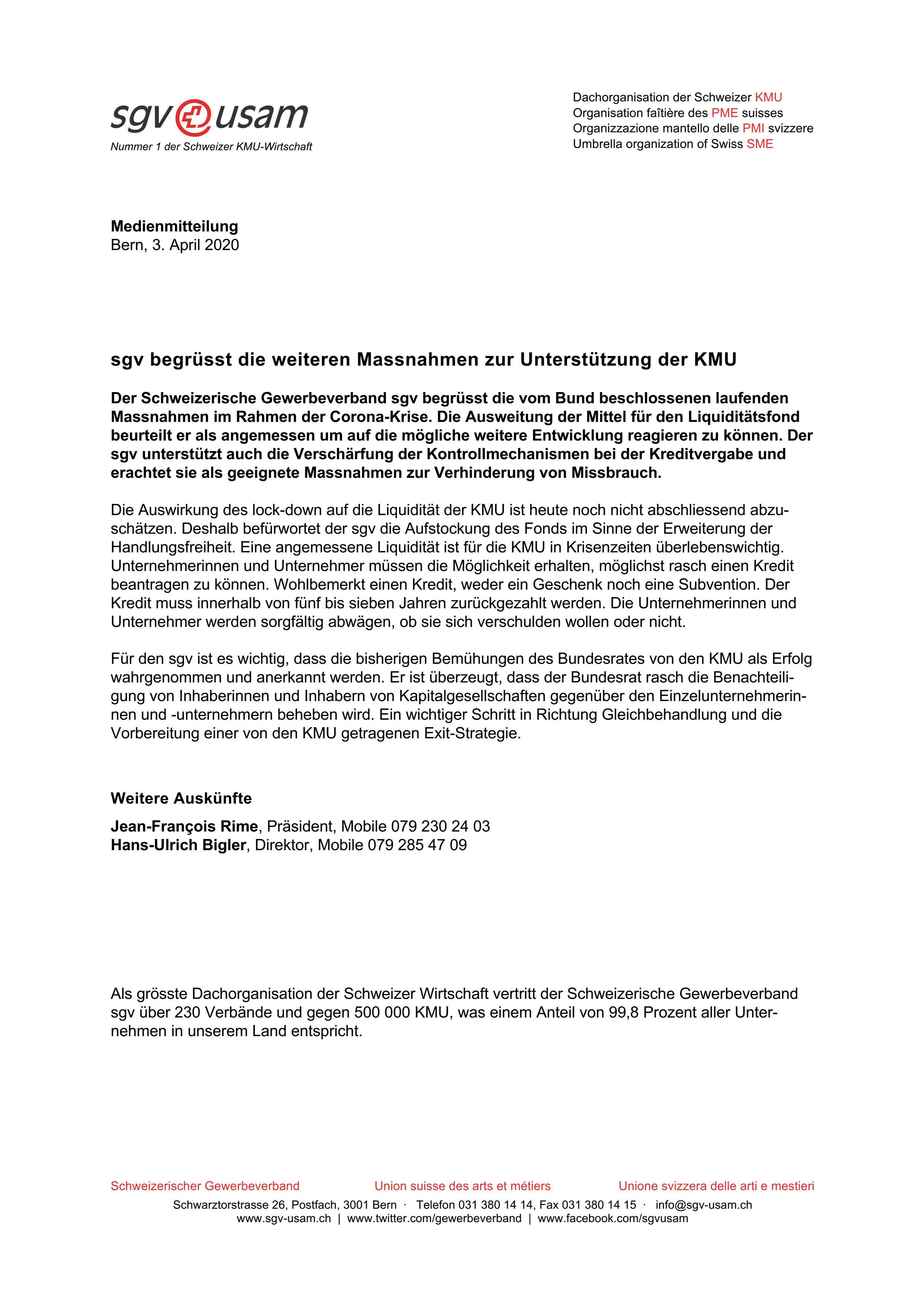 sgv begrüsst die weiteren Massnahmen zur Unterstützung der KMU