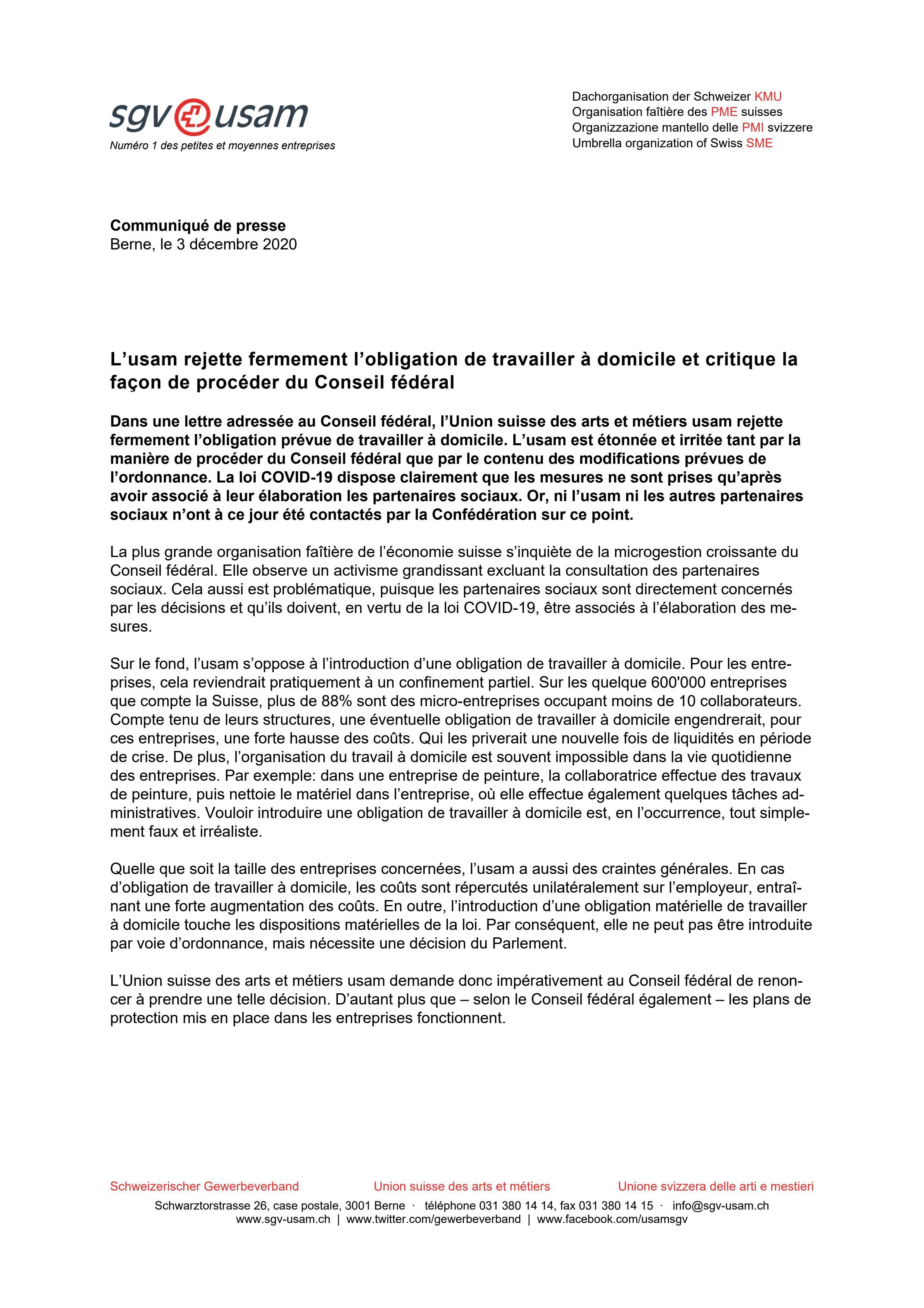 L’usam rejette fermement l’obligation de travailler à domicile et critique la façon de procéder du Conseil fédéral