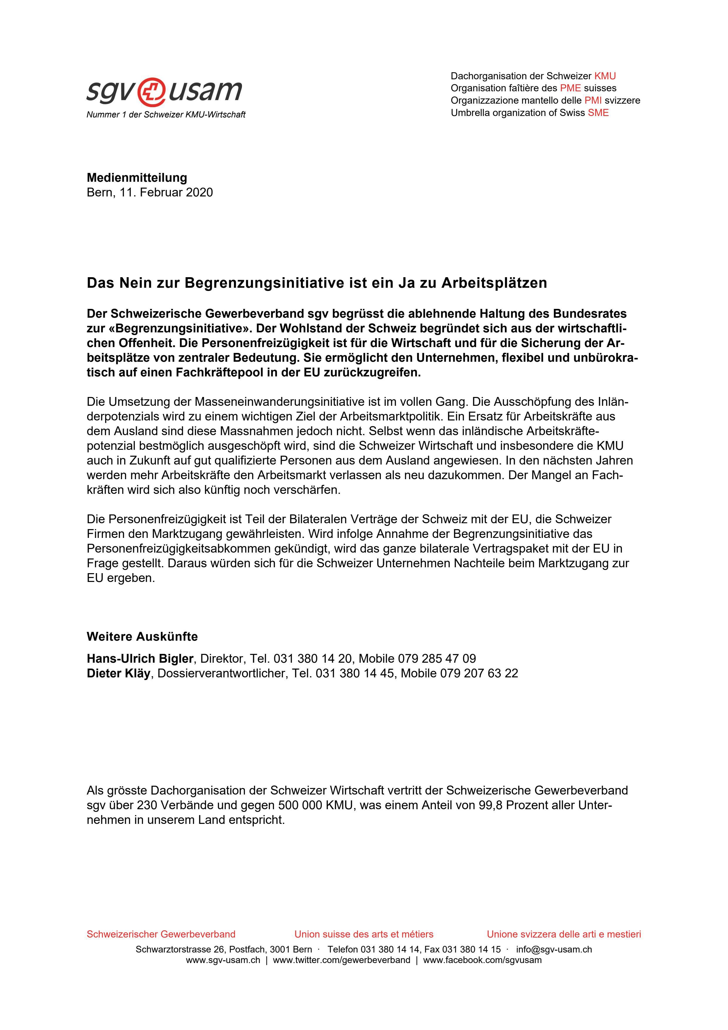 Das Nein zur Begrenzungsinitiative ist ein Ja zu Arbeitsplätzen