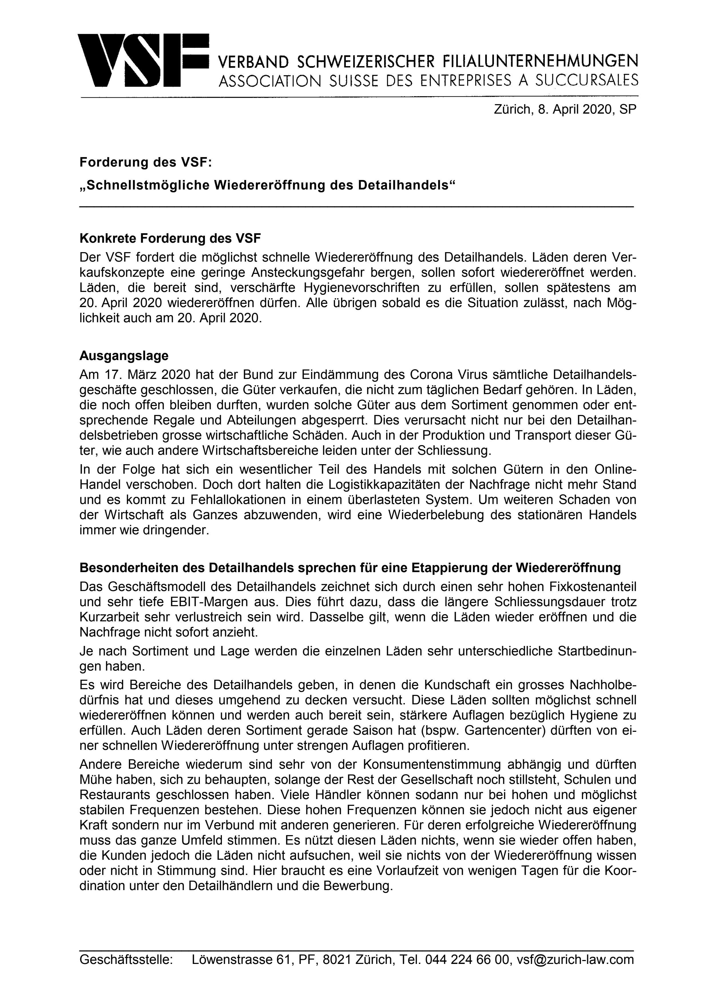  Konzept «Smart Restart» Detailhandel, VSF Verband Schweizerischer Filialunternehmungen (disponible en allemand seulement)