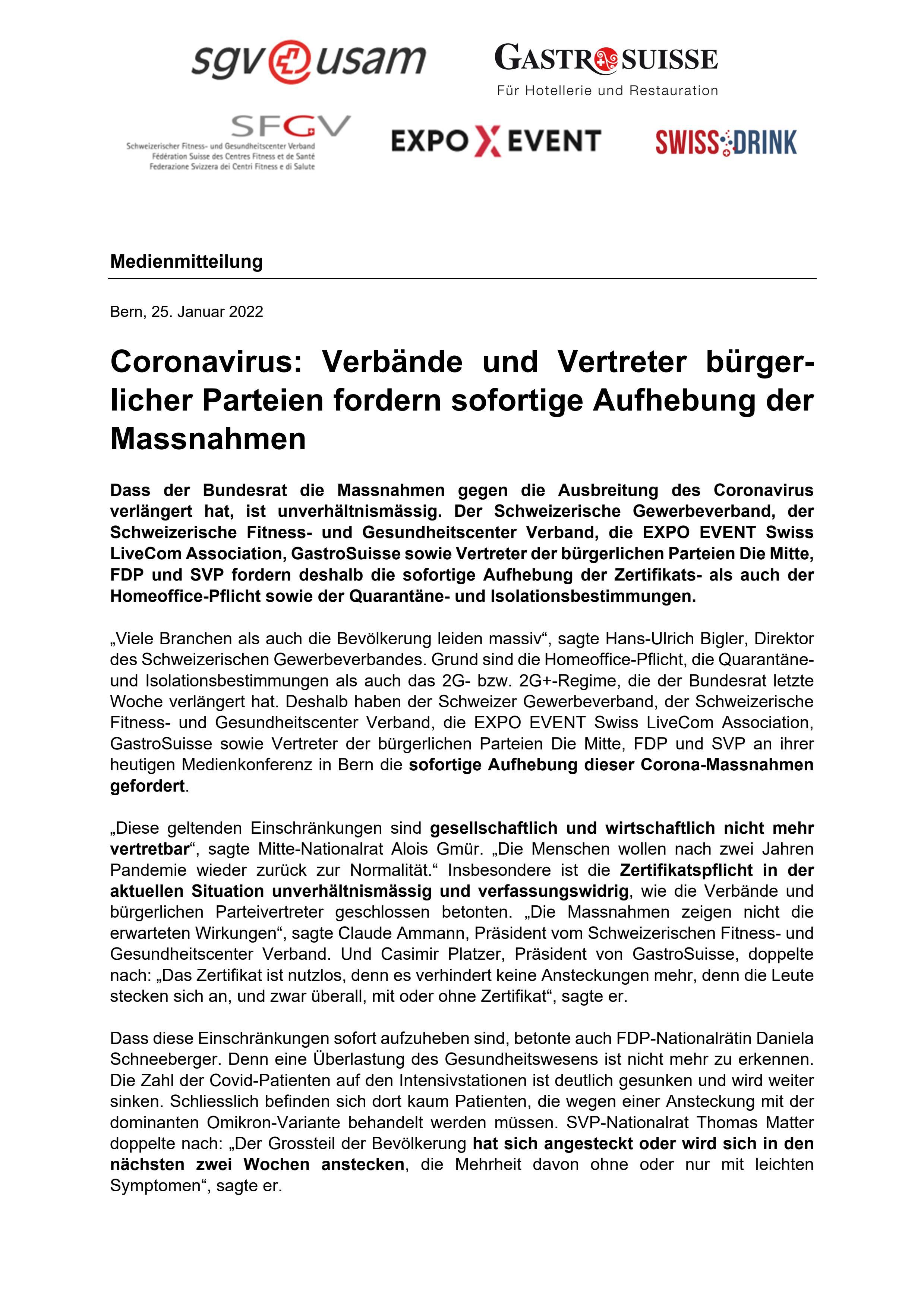Coronavirus: Verbände und Vertreter bürgerlicher Parteien fordern sofortige Aufhebung der Massnahmen