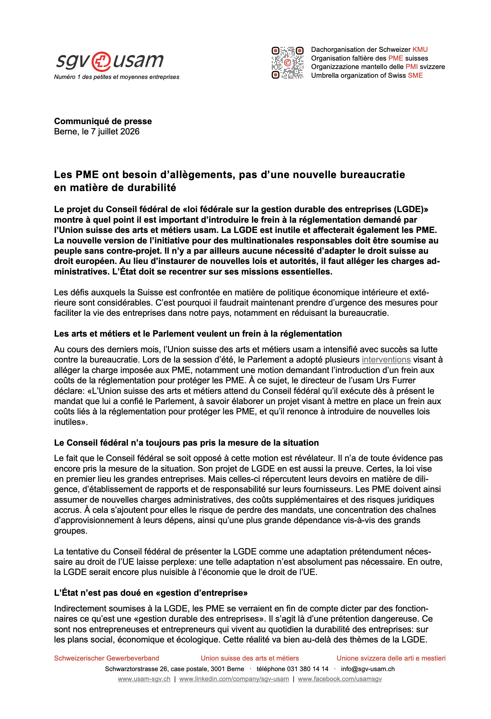 Les PME ont besoin d’allègements, pas d’une nouvelle bureaucratie en matière de durabilité