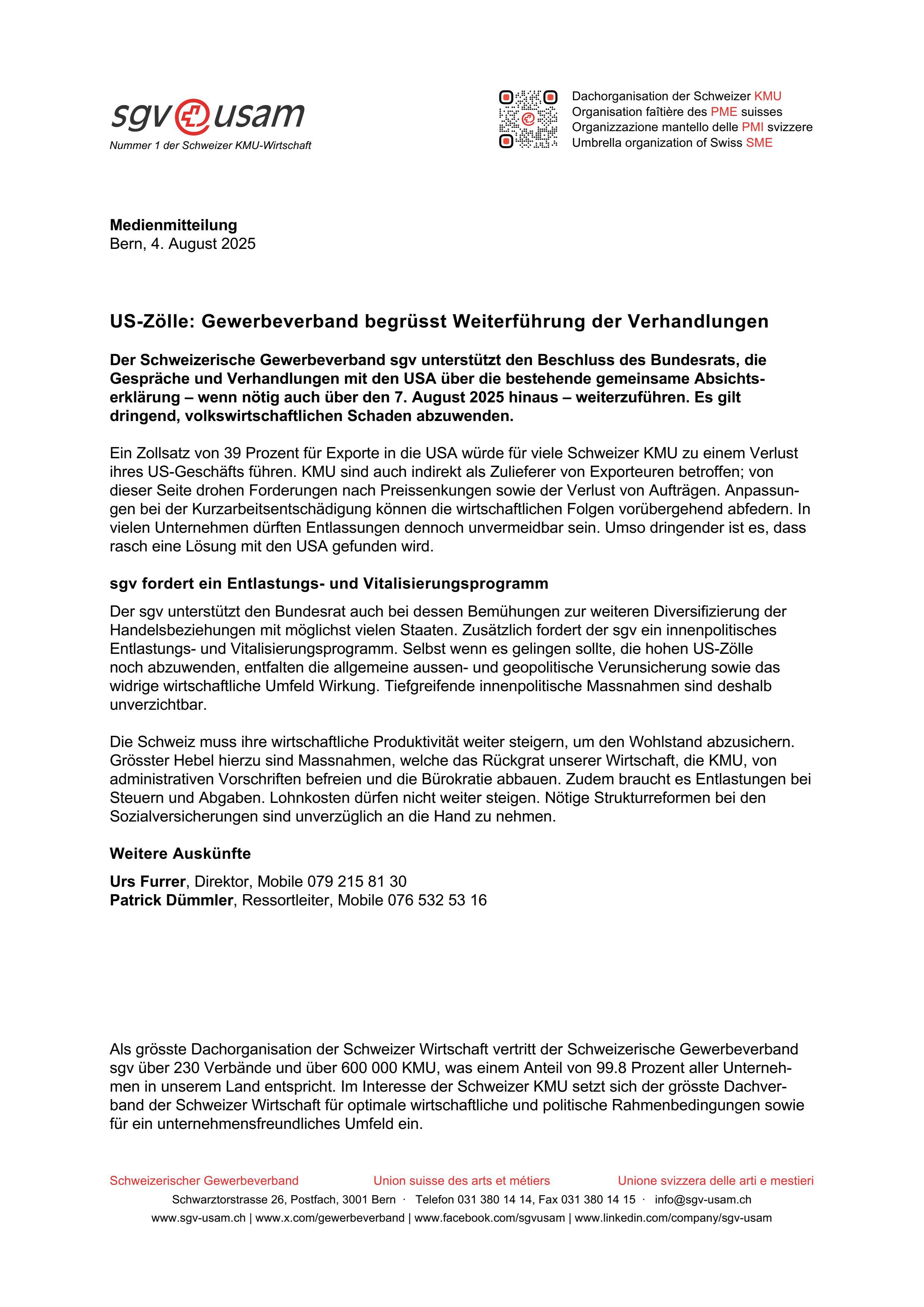 US-Zölle: Gewerbeverband begrüsst Weiterführung der Verhandlungen