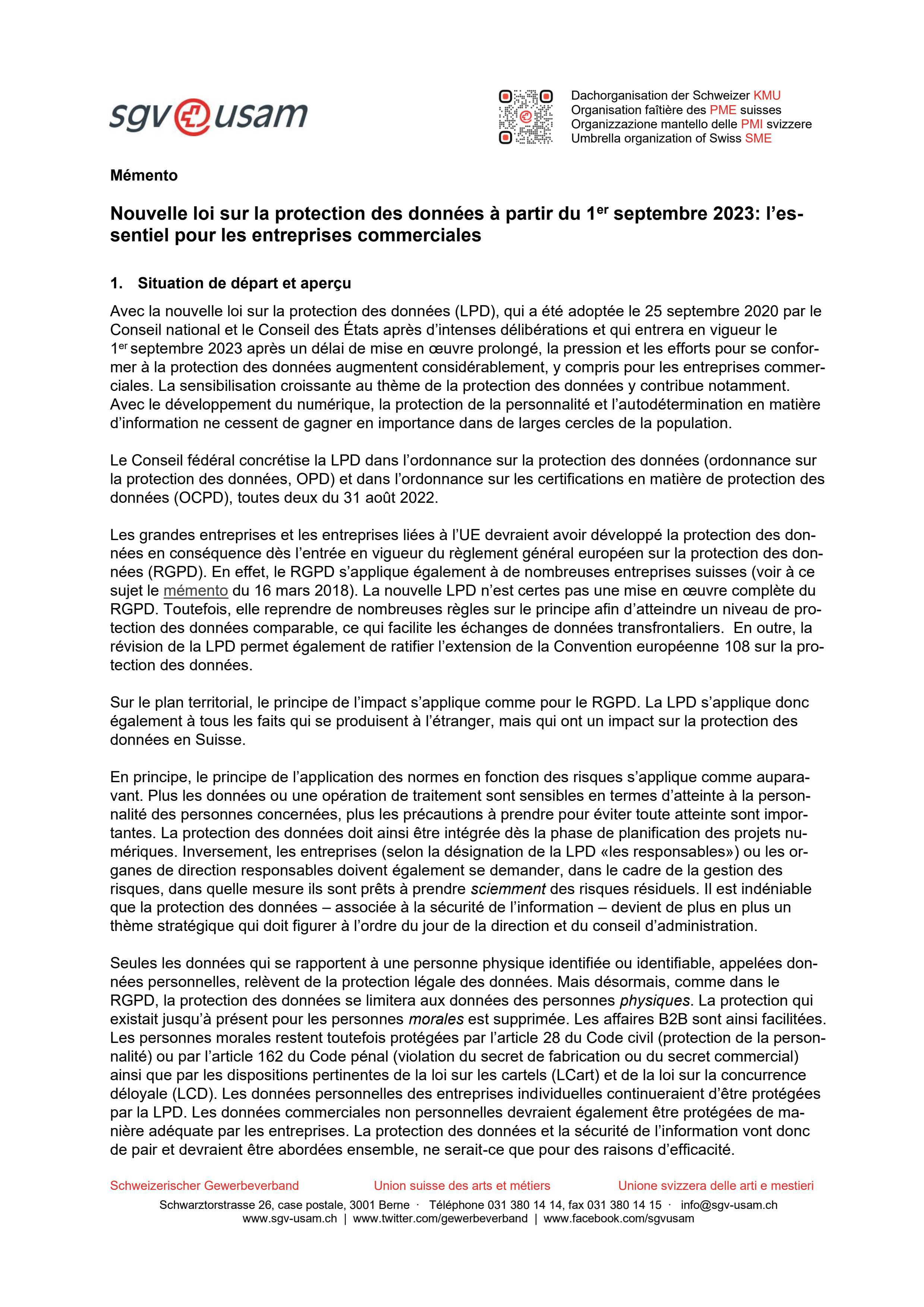  Mémento «Nouvelle loi sur la protection des données à partir du 1er septembre 2023: l’essentiel pour les entreprises commerciales»