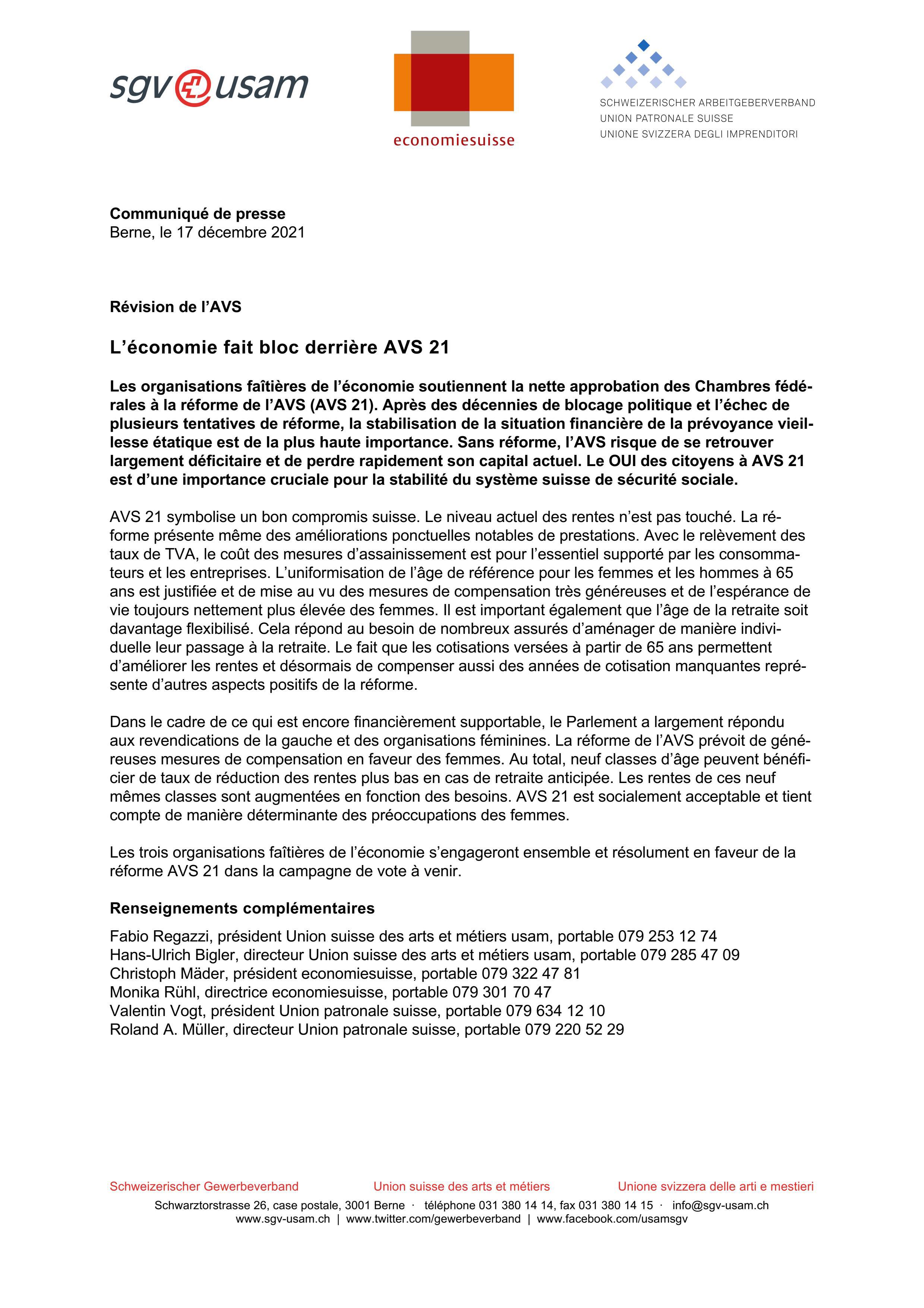 Révision de l'AVS: L’économie fait bloc derrière AVS 21