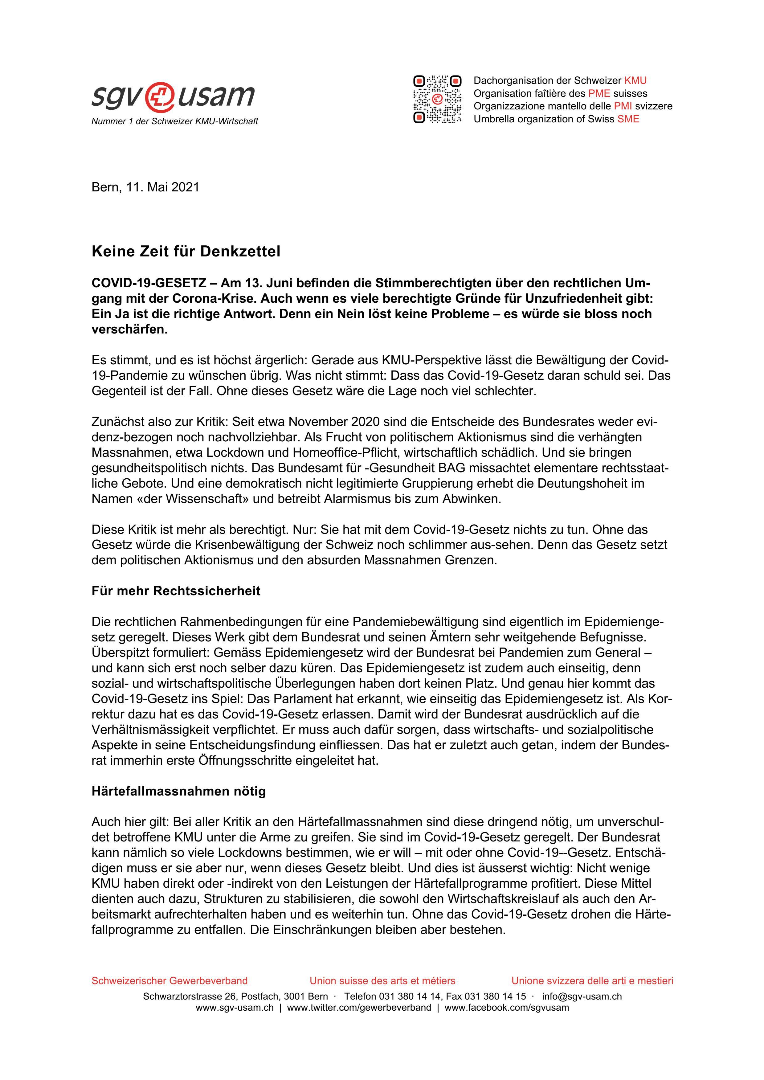  Covid-19-Gesetz: Fachartikel «Keine Zeit für Denkzettel»