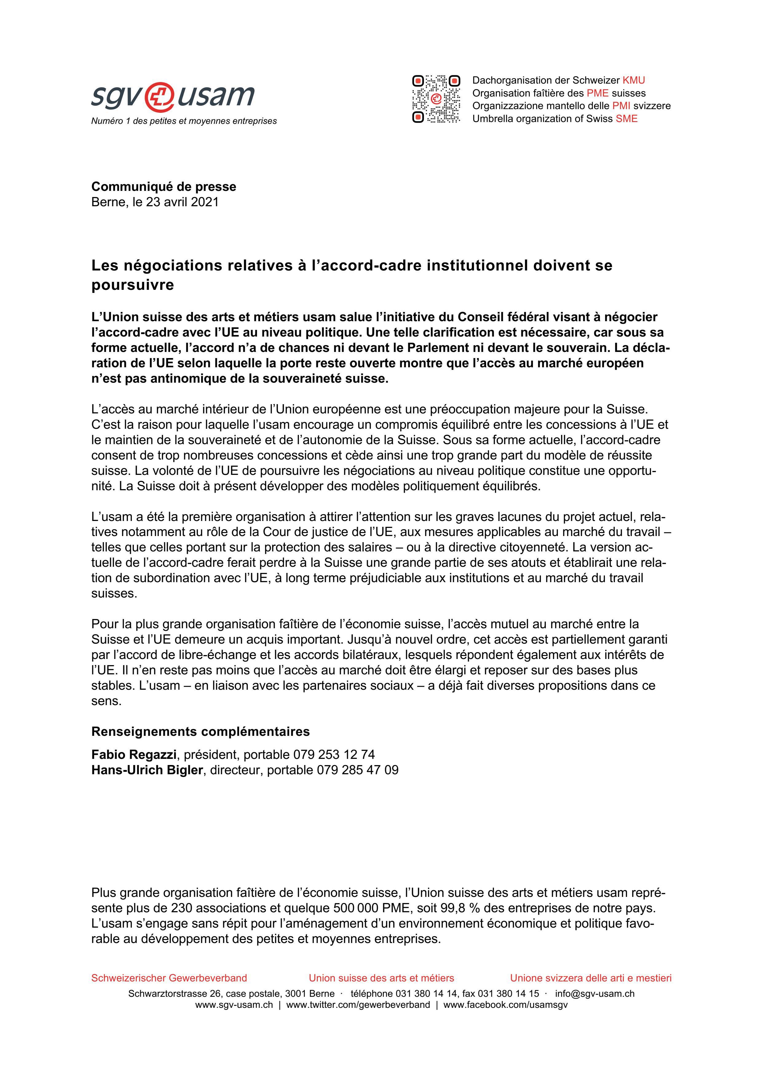 Les négociations relatives à l’accord-cadre institutionnel doivent se poursuivre