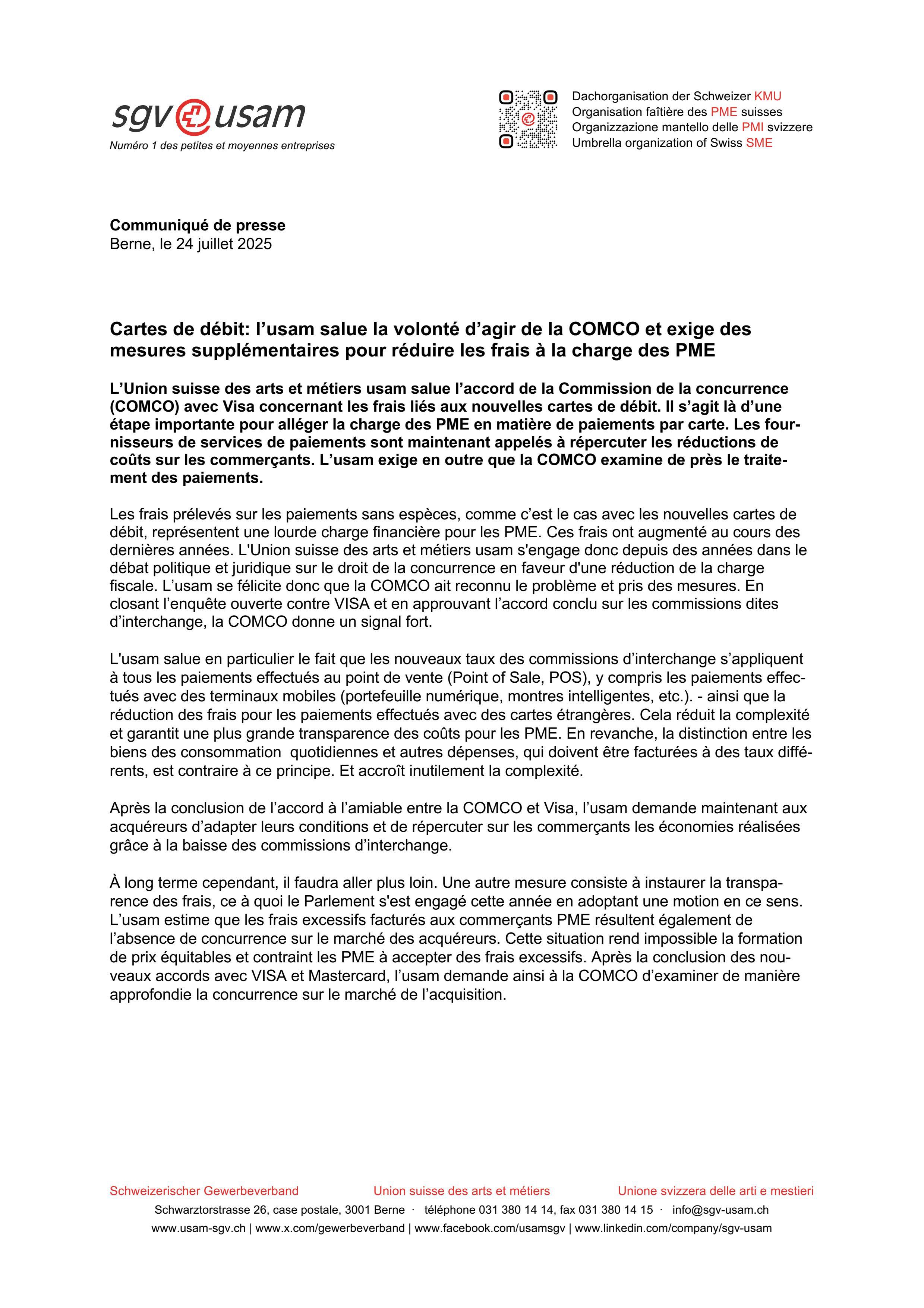Cartes de débit: l’usam salue la volonté d’agir de la COMCO et exige des mesures supplémentaires pour réduire les frais à la charge des PME