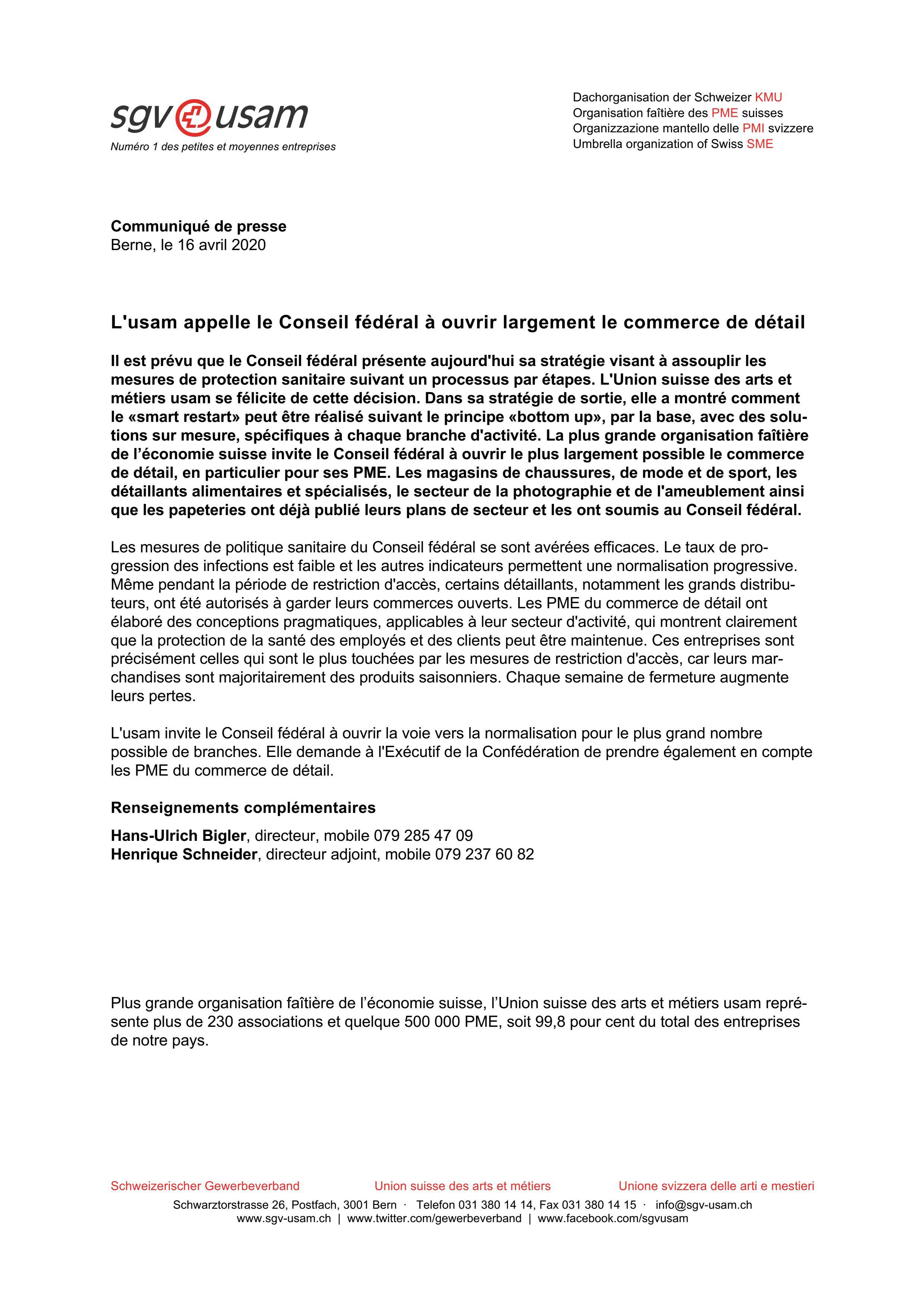 L'usam appelle le Conseil fédéral à ouvrir largement le commerce de détail