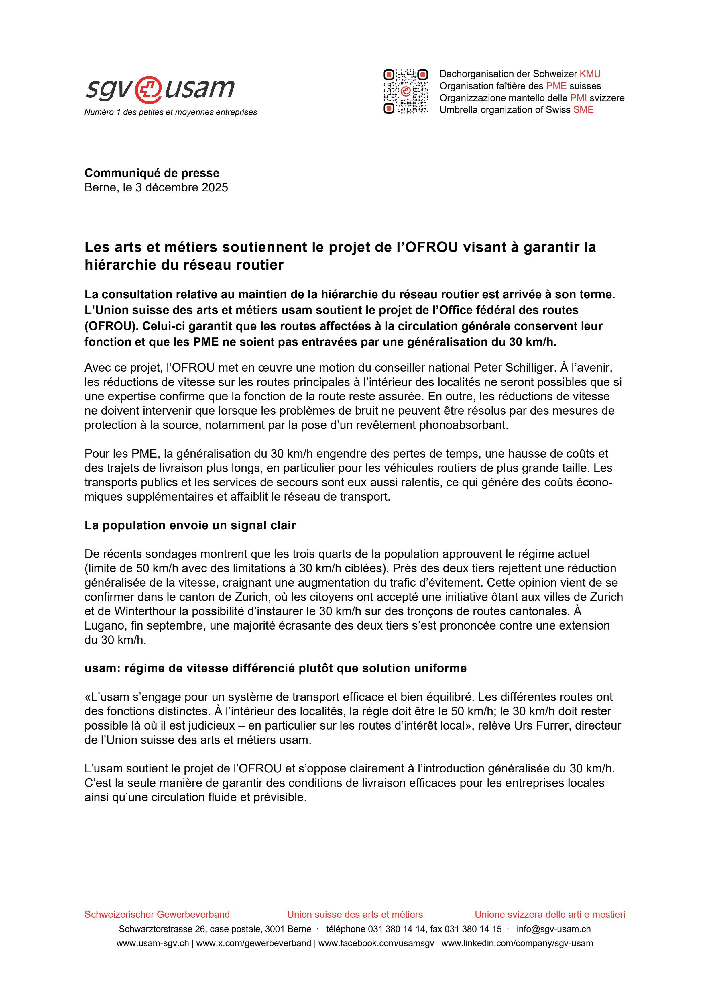 Les arts et métiers soutiennent le projet de l’OFROU visant à garantir la hiérarchie du réseau routier