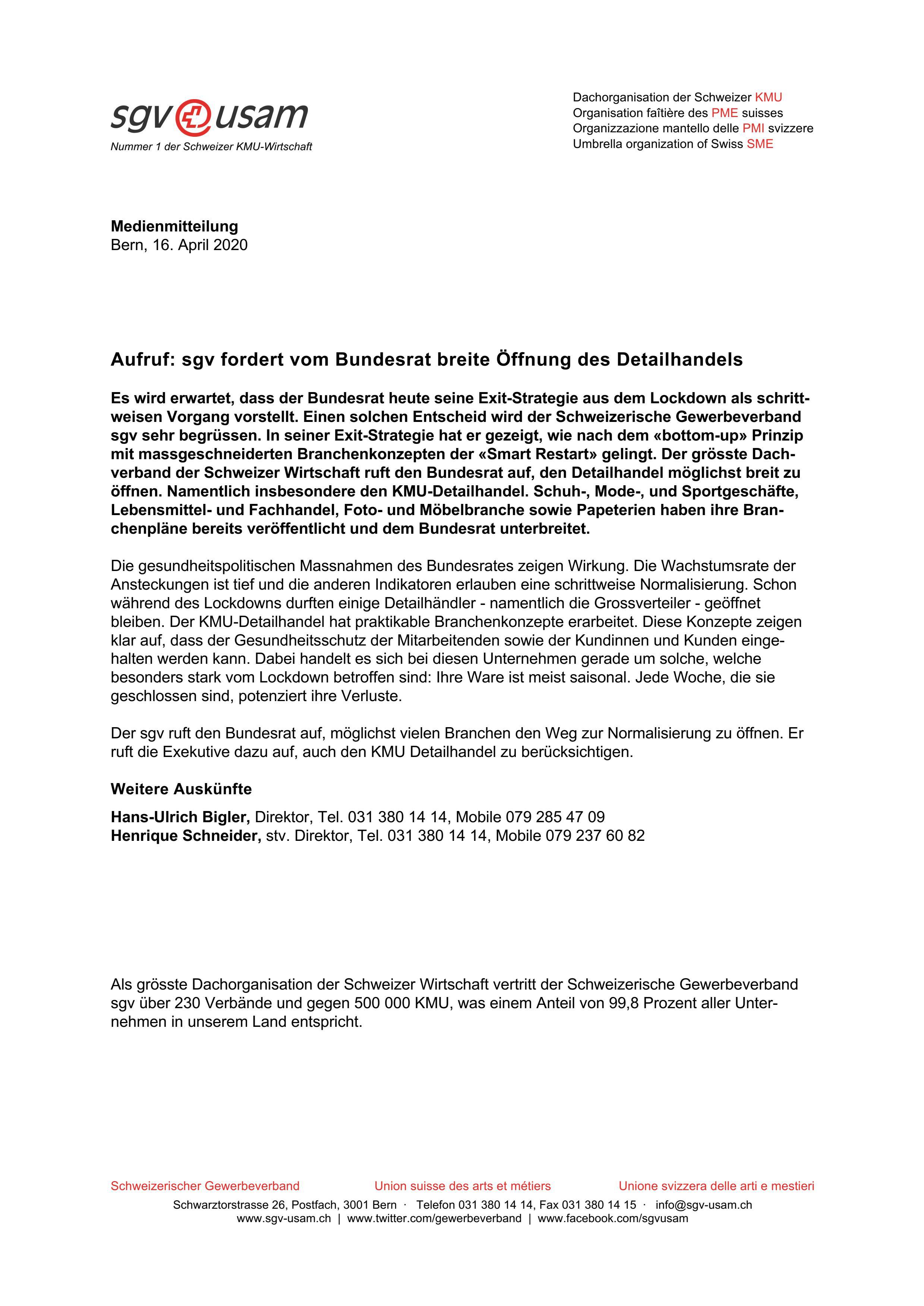 Aufruf: sgv fordert vom Bundesrat breite Öffnung des Detailhandels