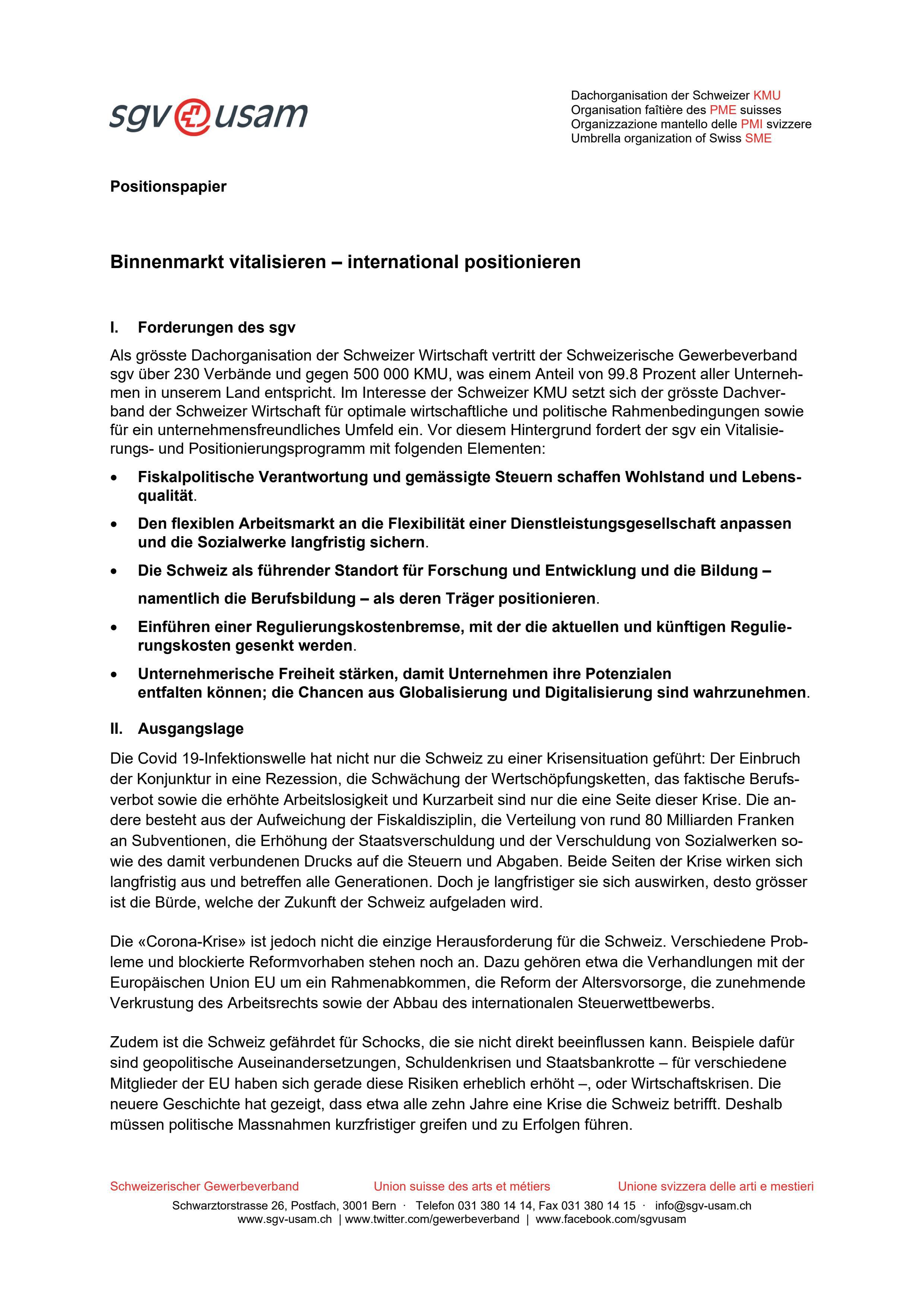  Positionspapier «Binnenmarkt vitalisieren - international positionieren»