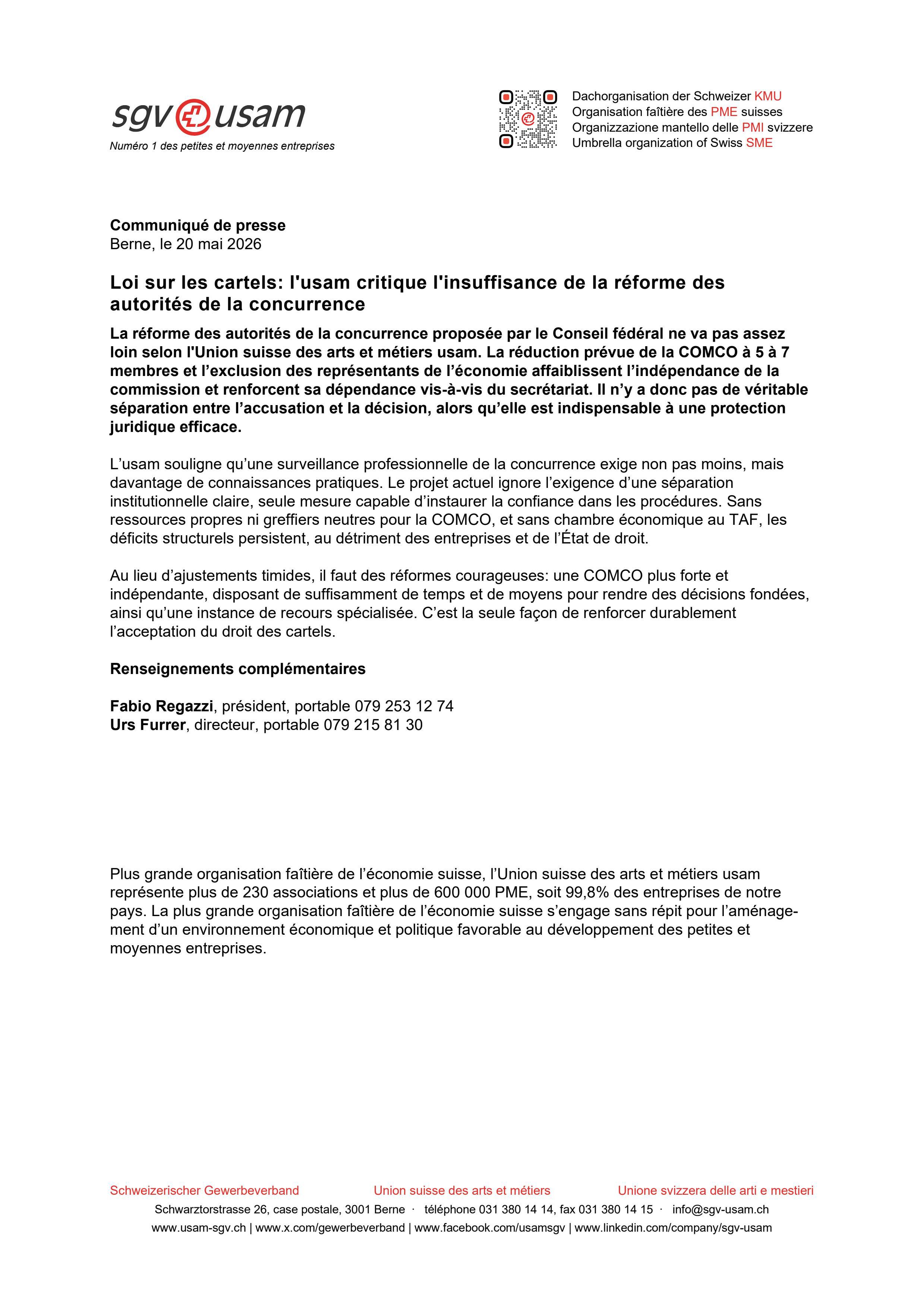 Loi sur les cartels: l'usam critique l'insuffisance de la réforme des autorités de la concurrence