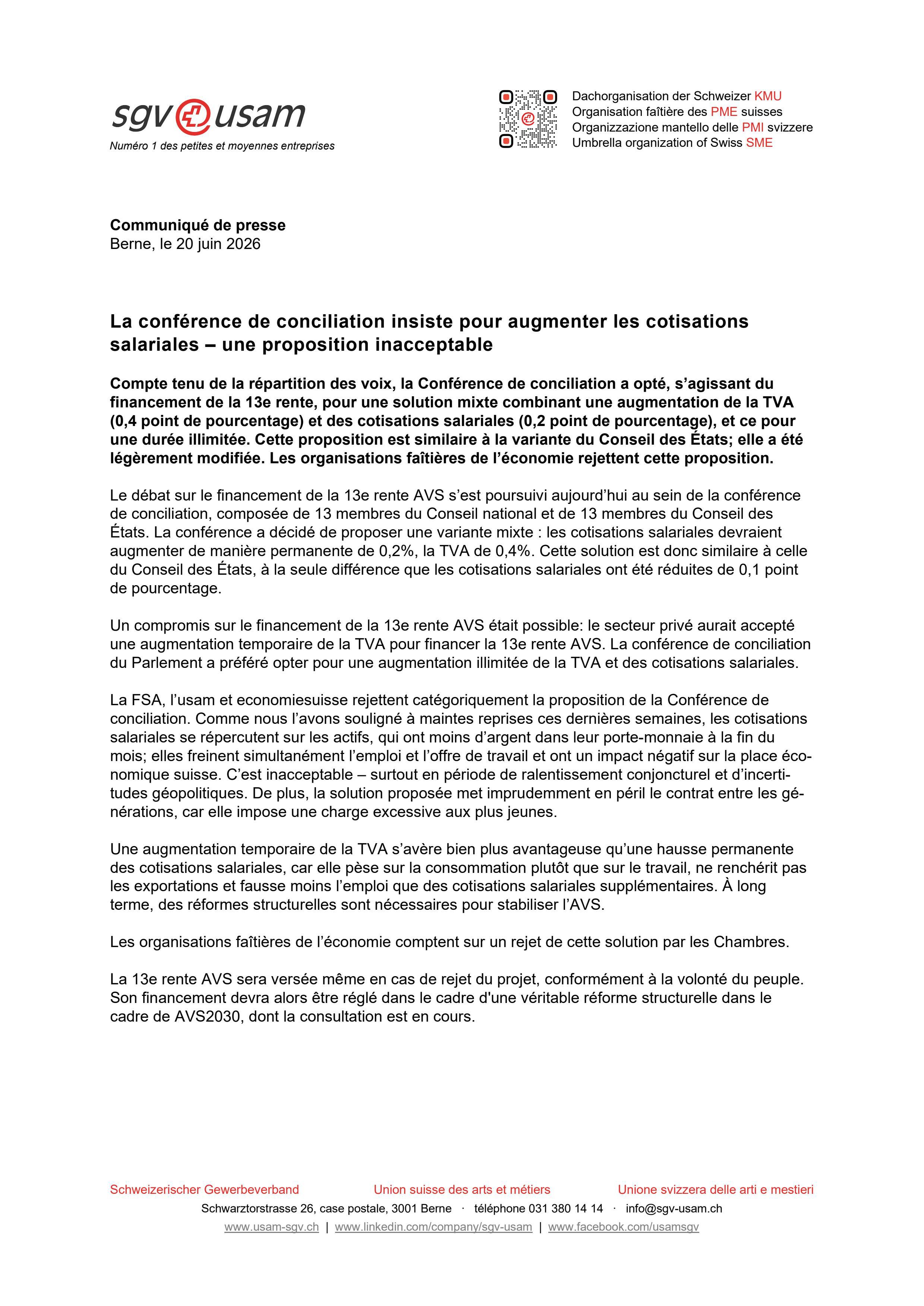 La conférence de conciliation insiste pour augmenter les cotisations salariales – une proposition inacceptable