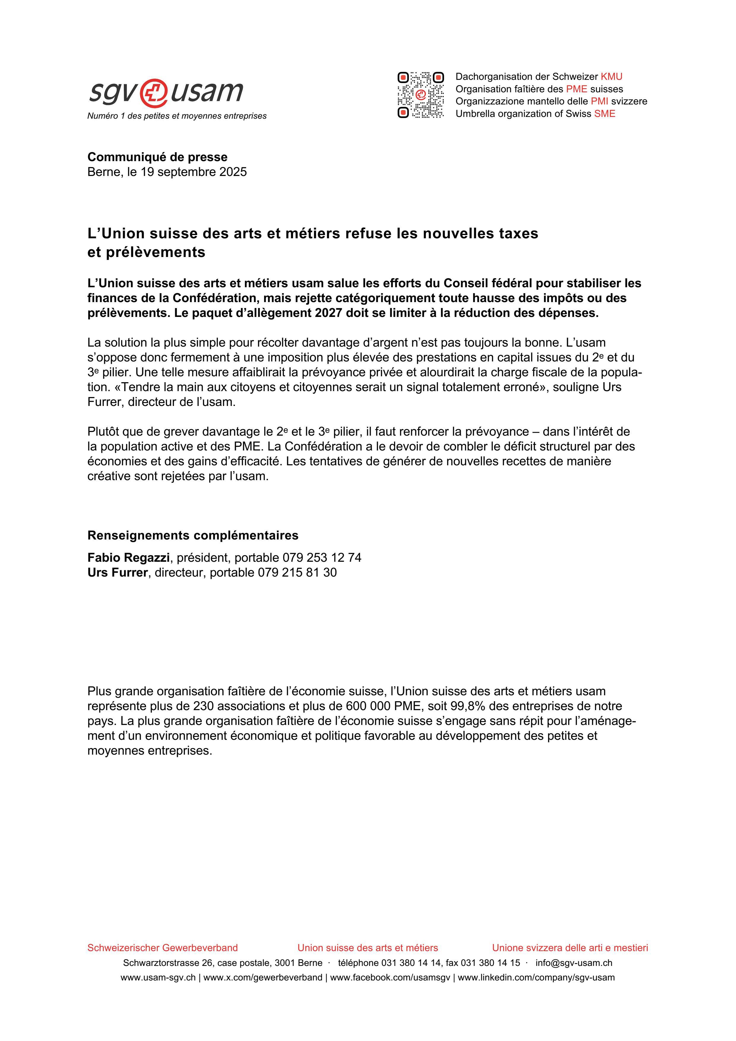 L’Union suisse des arts et métiers refuse les nouvelles taxes et prélèvements
