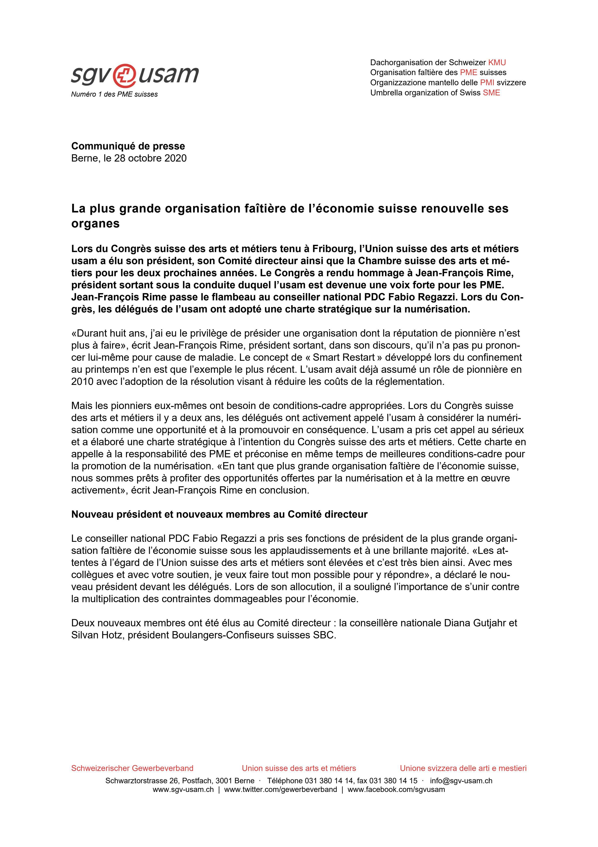 La plus grande organisation faîtière de l’économie suisse renouvelle ses organes