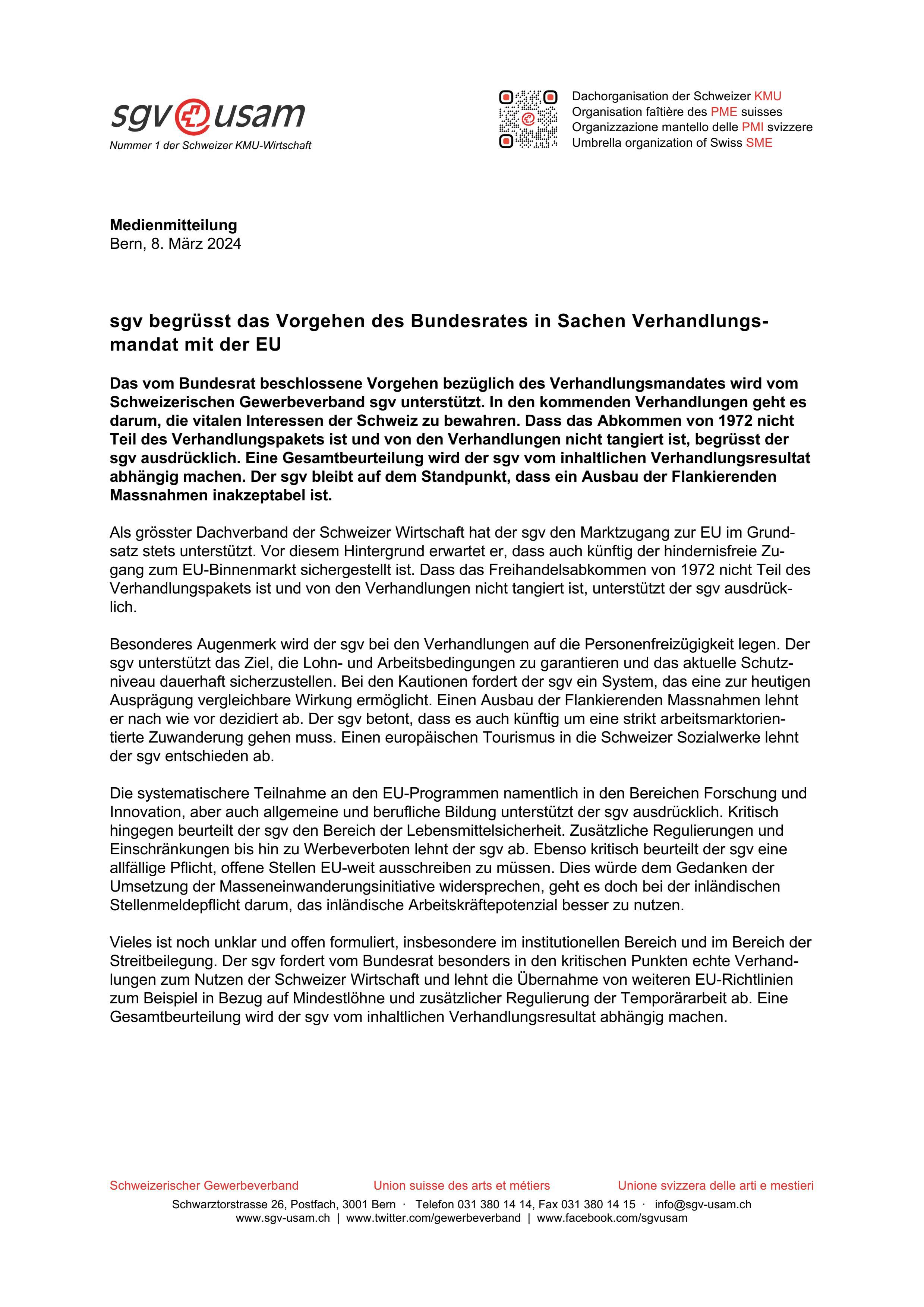 sgv begrüsst das Vorgehen des Bundesrates in Sachen Verhandlungsmandat mit der EU