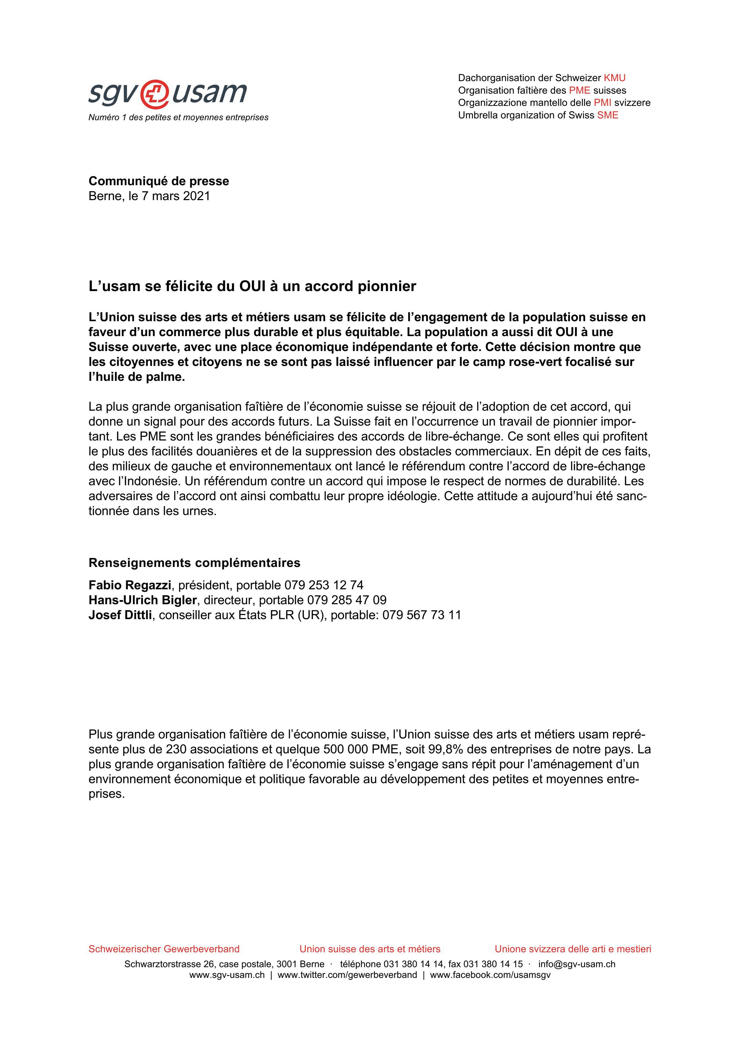 L’usam se félicite du OUI à un accord pionnier