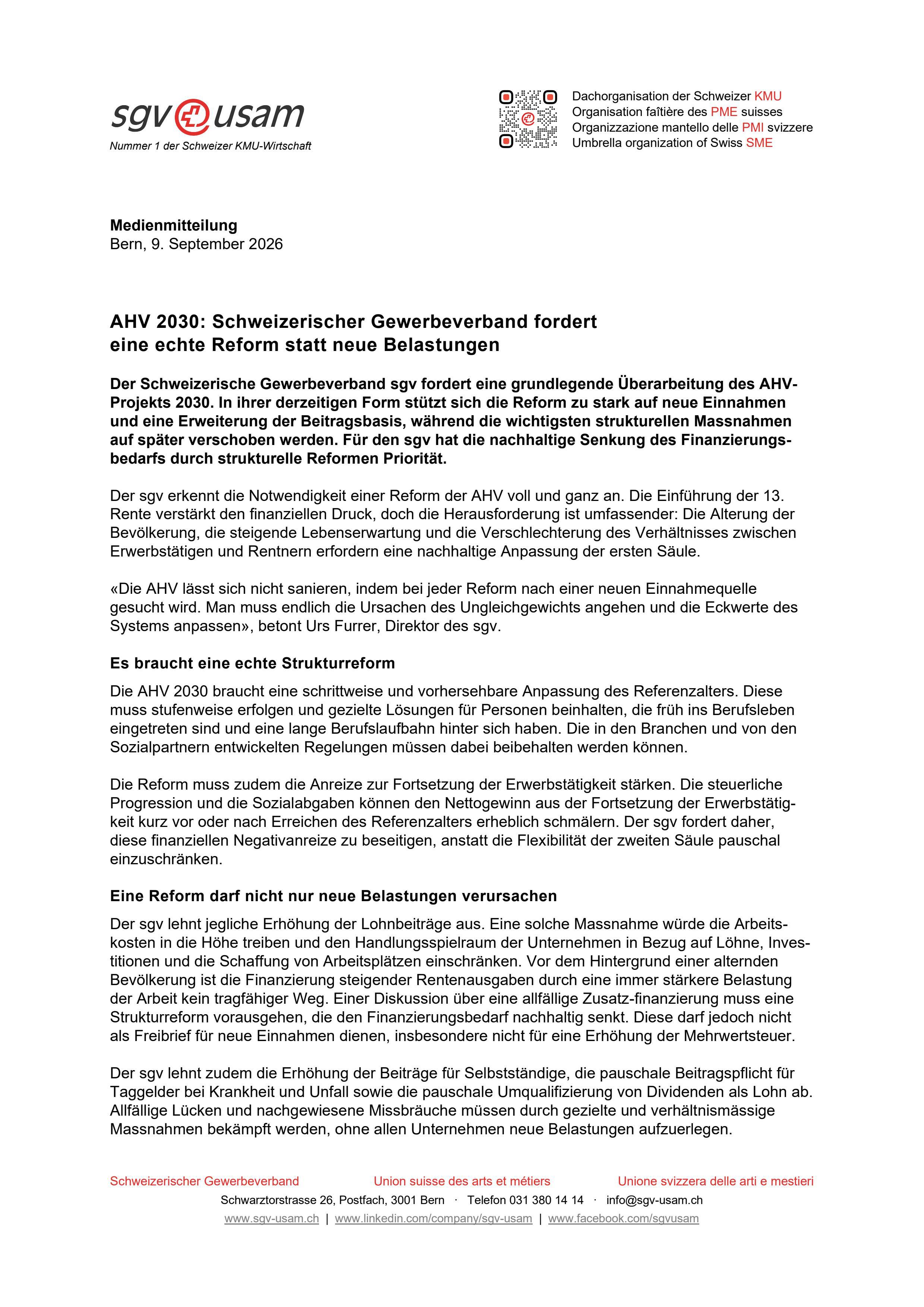 AHV 2030: Schweizerischer Gewerbeverband fordert eine echte Reform statt neuen Belastungen
