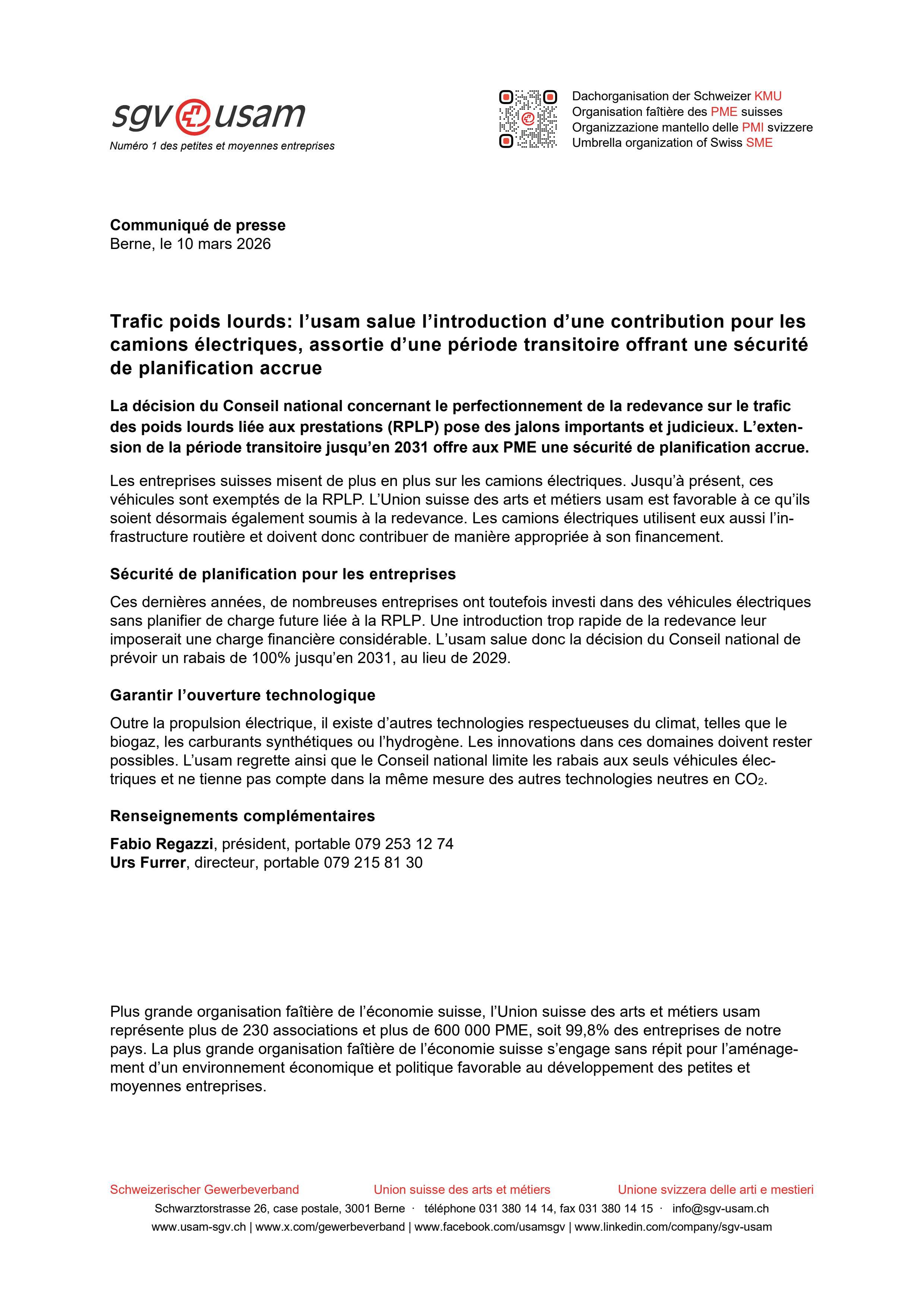 Trafic poids lourds: l’usam salue l’introduction d’une contribution pour les camions électriques, assortie d’une période transitoire offrant une sécurité de planification accrue