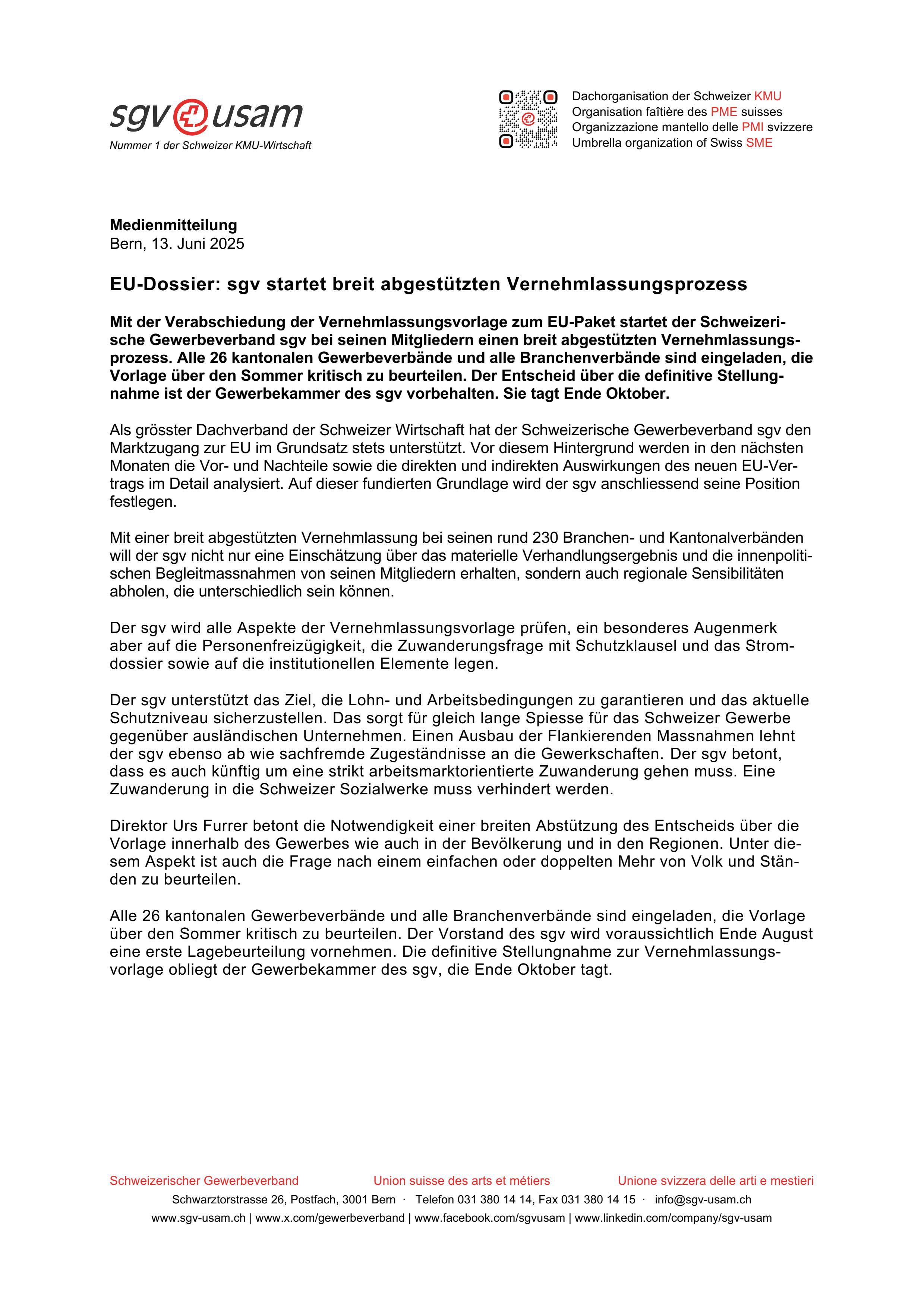 EU-Dossier: sgv startet breit abgestützten Vernehmlassungsprozess