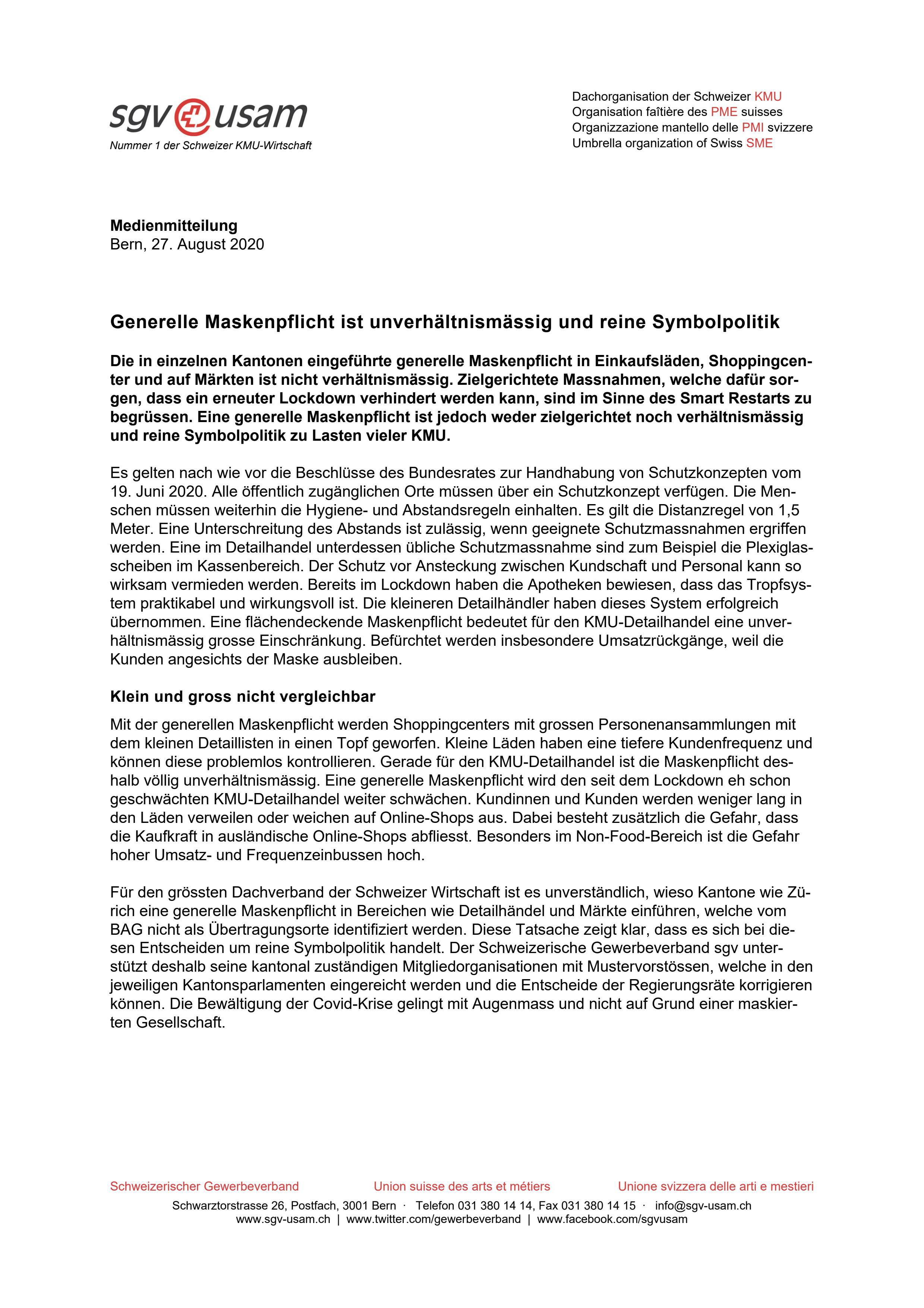 Generelle Maskenpflicht ist unverhältnismässig und reine Symbolpolitik