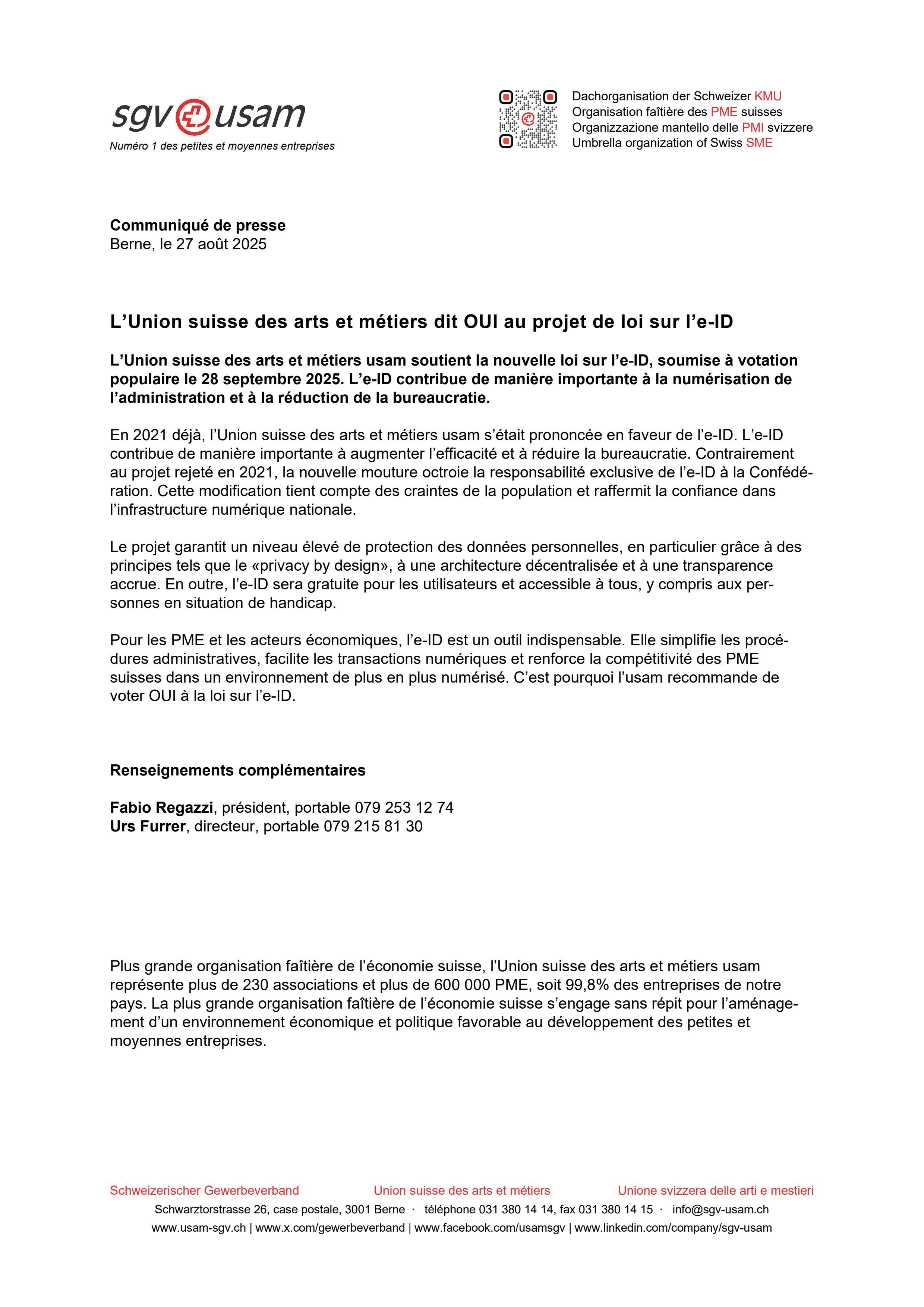 L’Union suisse des arts et métiers dit OUI au projet de loi sur l’e-ID