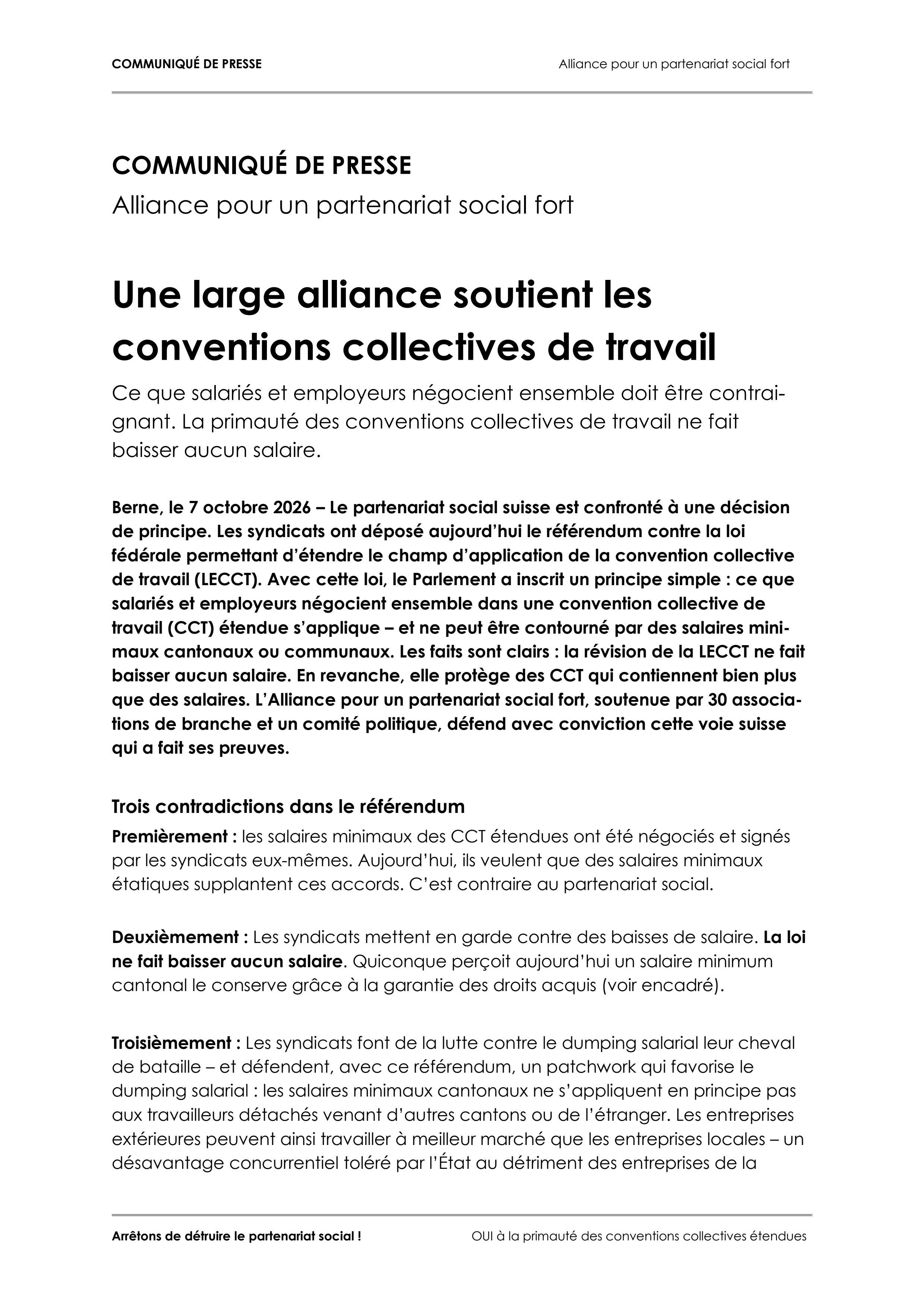 Une large alliance soutient les conventions collectives de travail