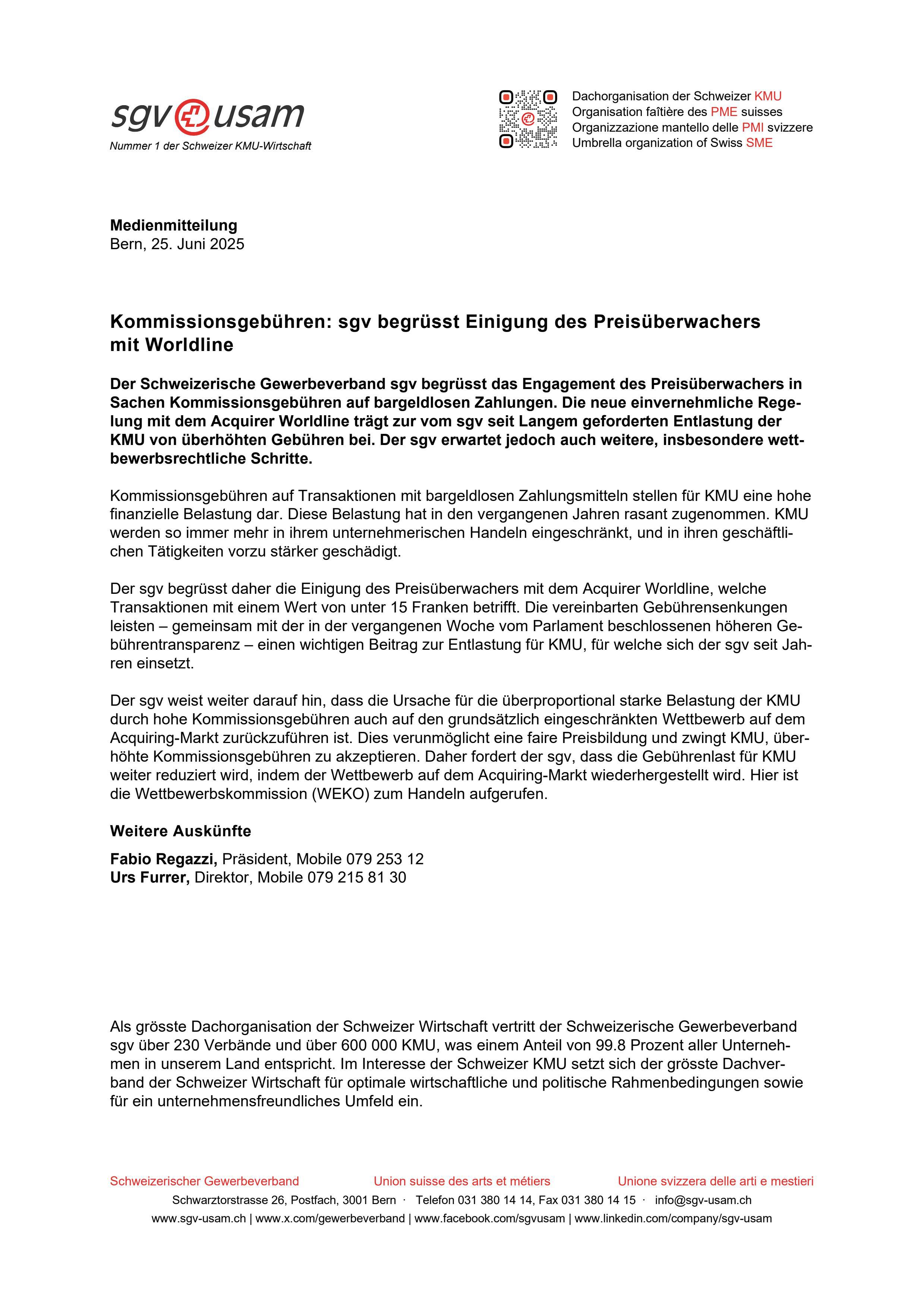 Kommissionsgebühren: sgv begrüsst Einigung des Preisüberwachers mit Worldline