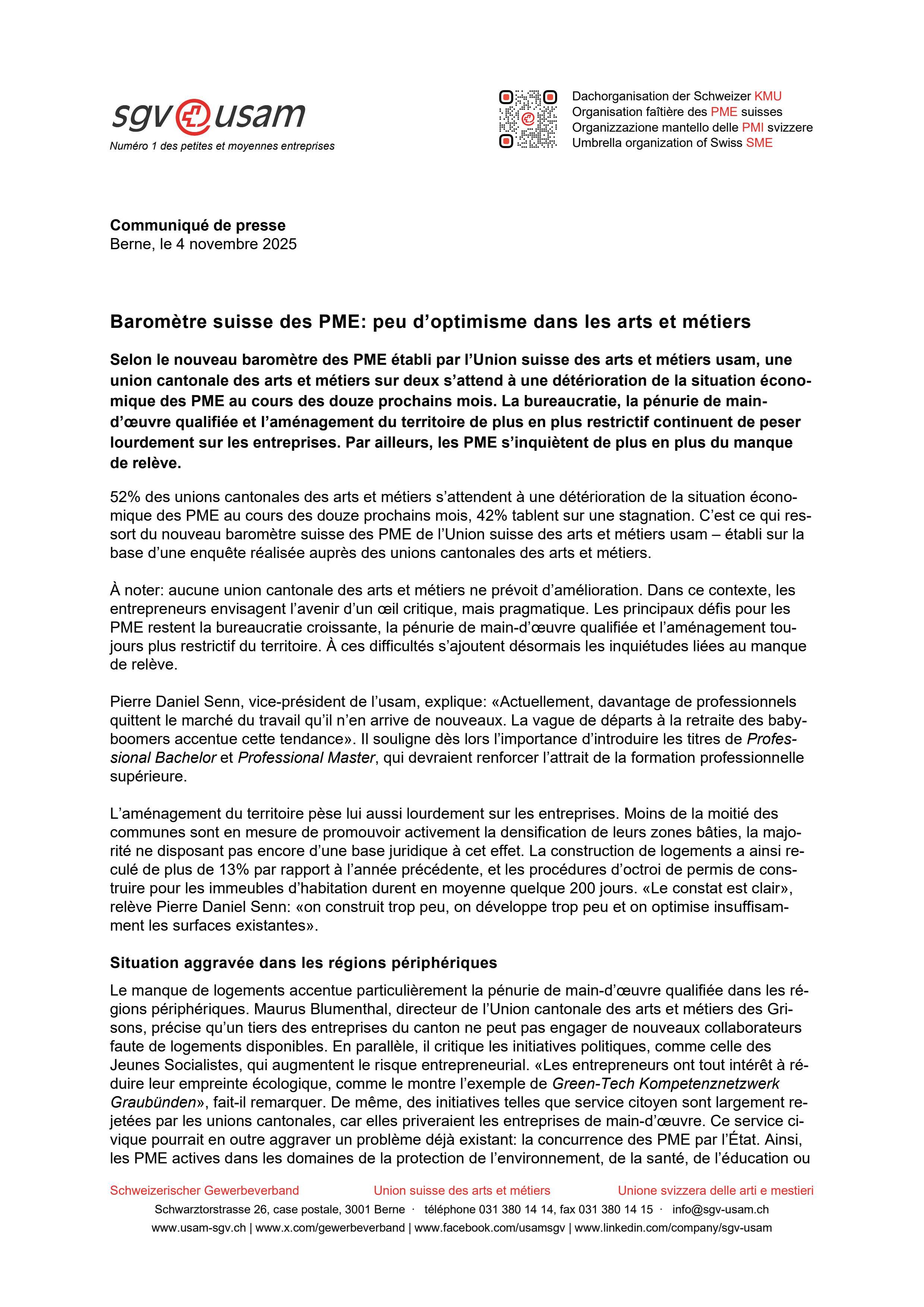 Baromètre suisse des PME: peu d’optimisme dans les arts et métiers