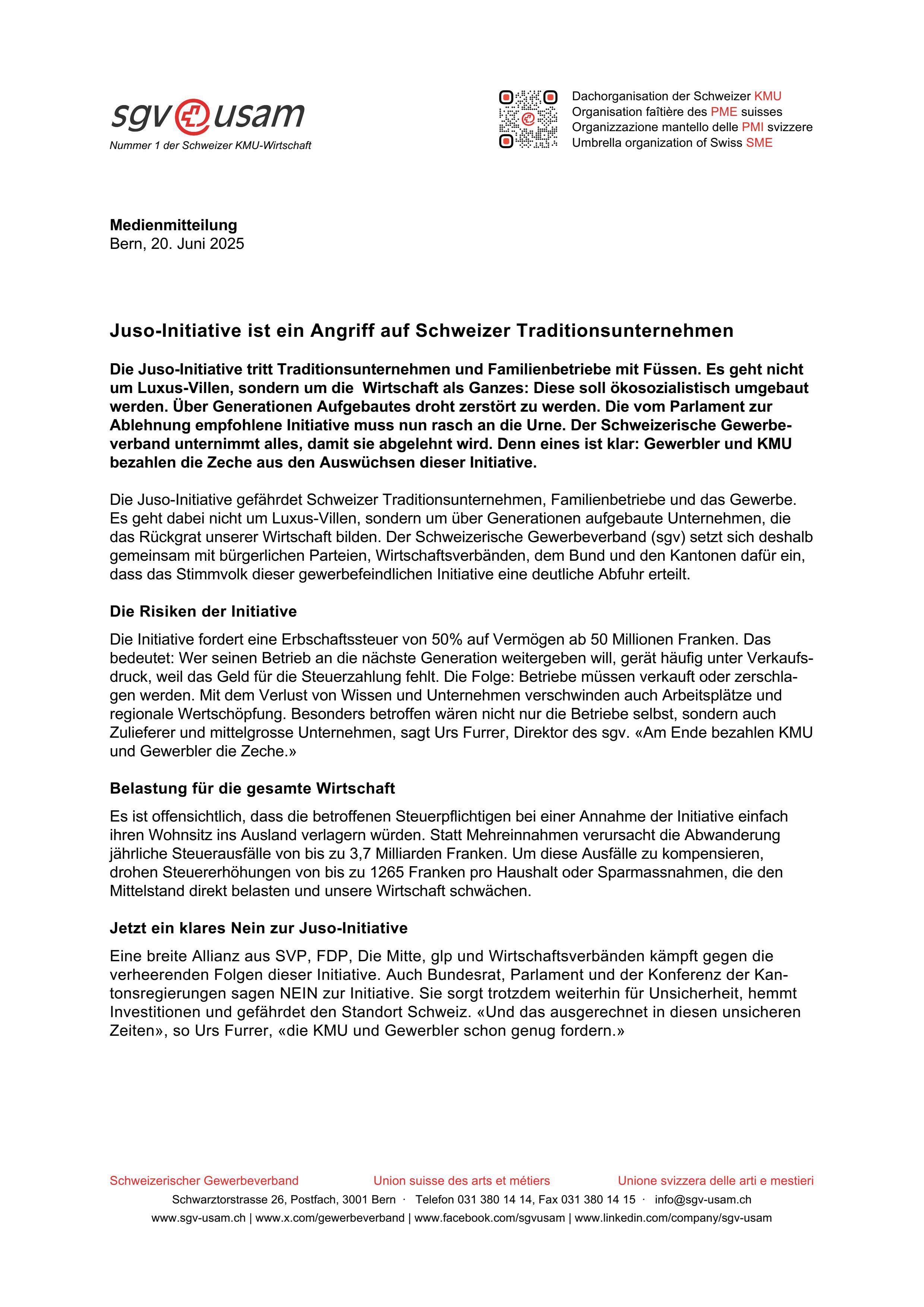 Juso-Initiative ist ein Angriff auf Schweizer Traditionsunternehmen