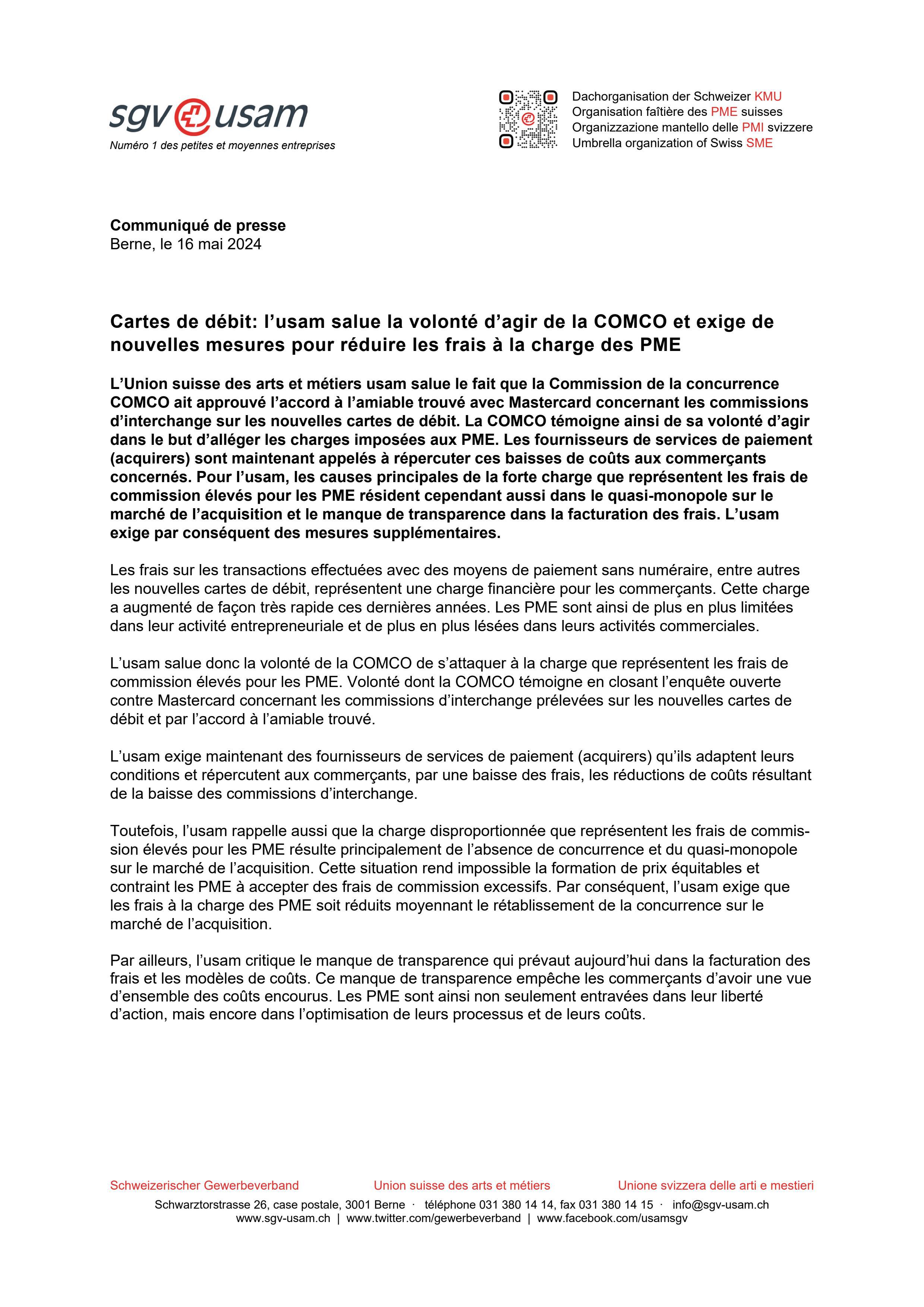 Cartes de débit: l’usam salue la volonté d’agir de la COMCO et exige de nouvelles mesures pour réduire les frais à la charge des PME