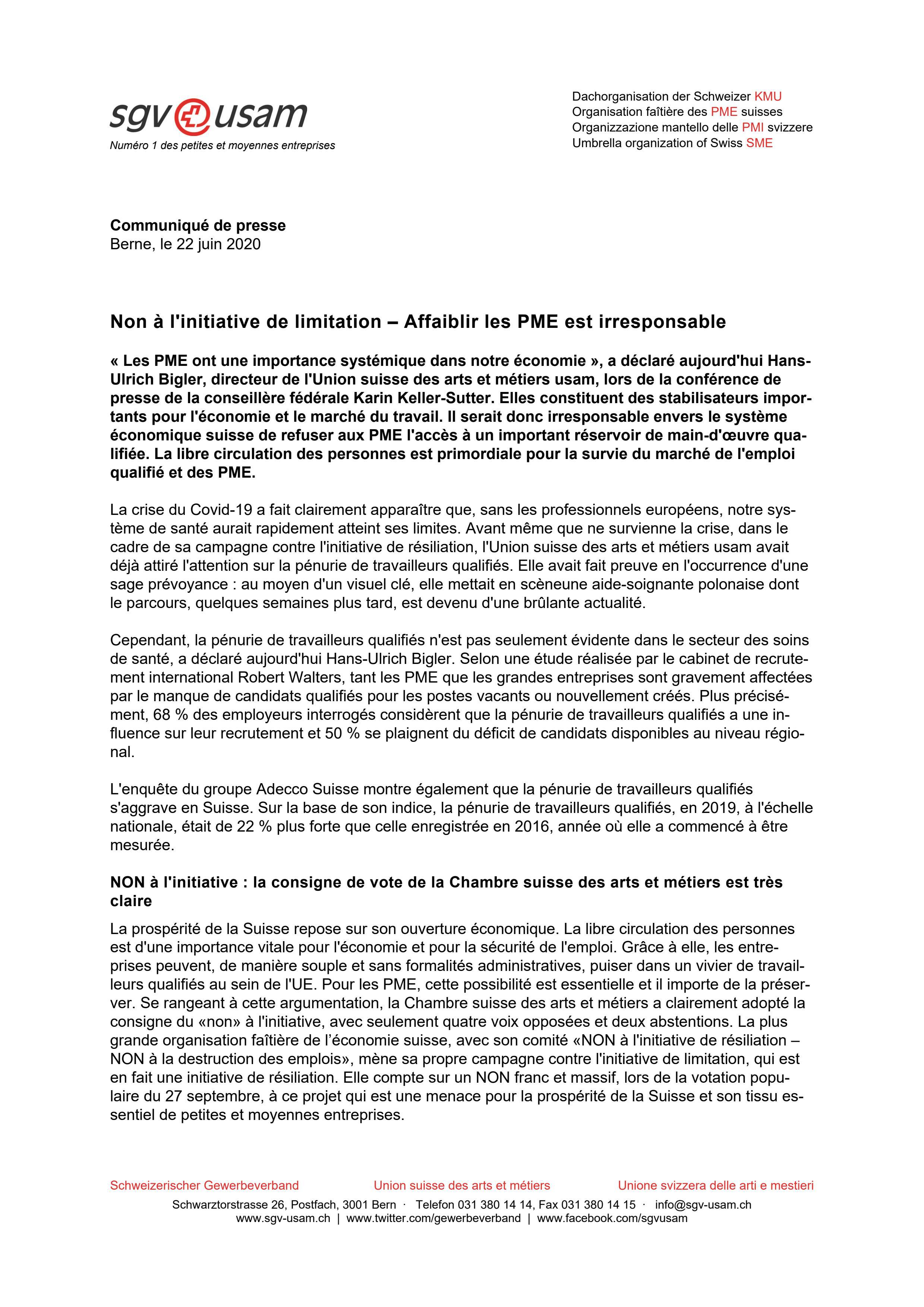 Non à l'initiative de limitation – Affaiblir les PME est irresponsable