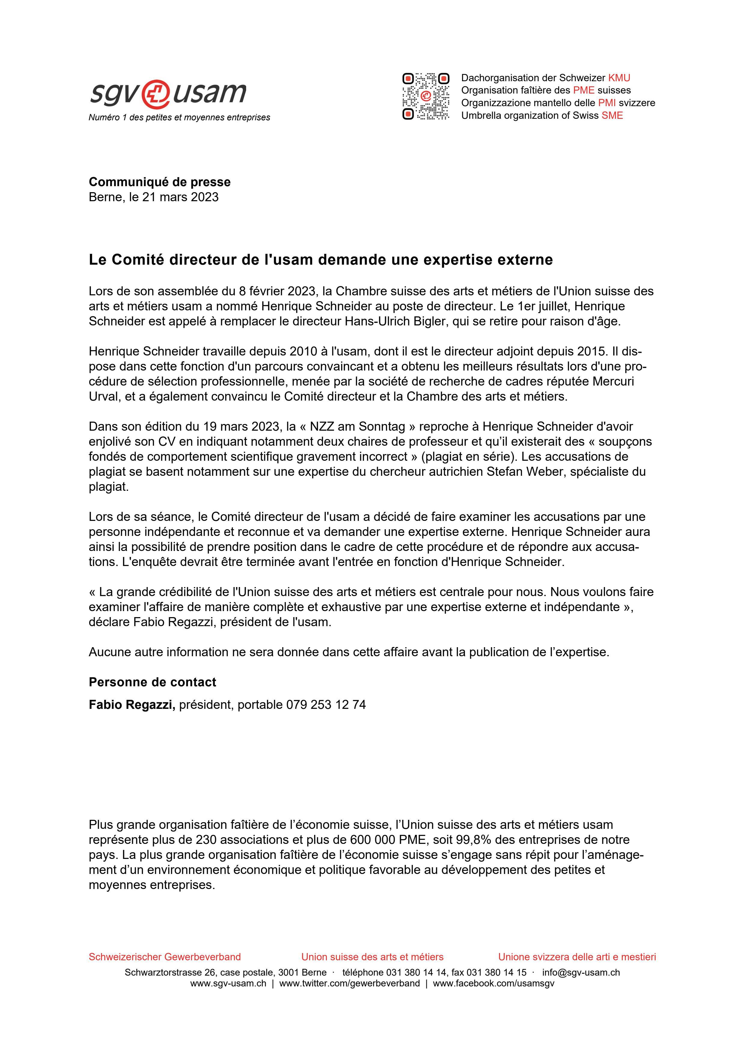 Le Comité directeur de l'usam demande une expertise externe