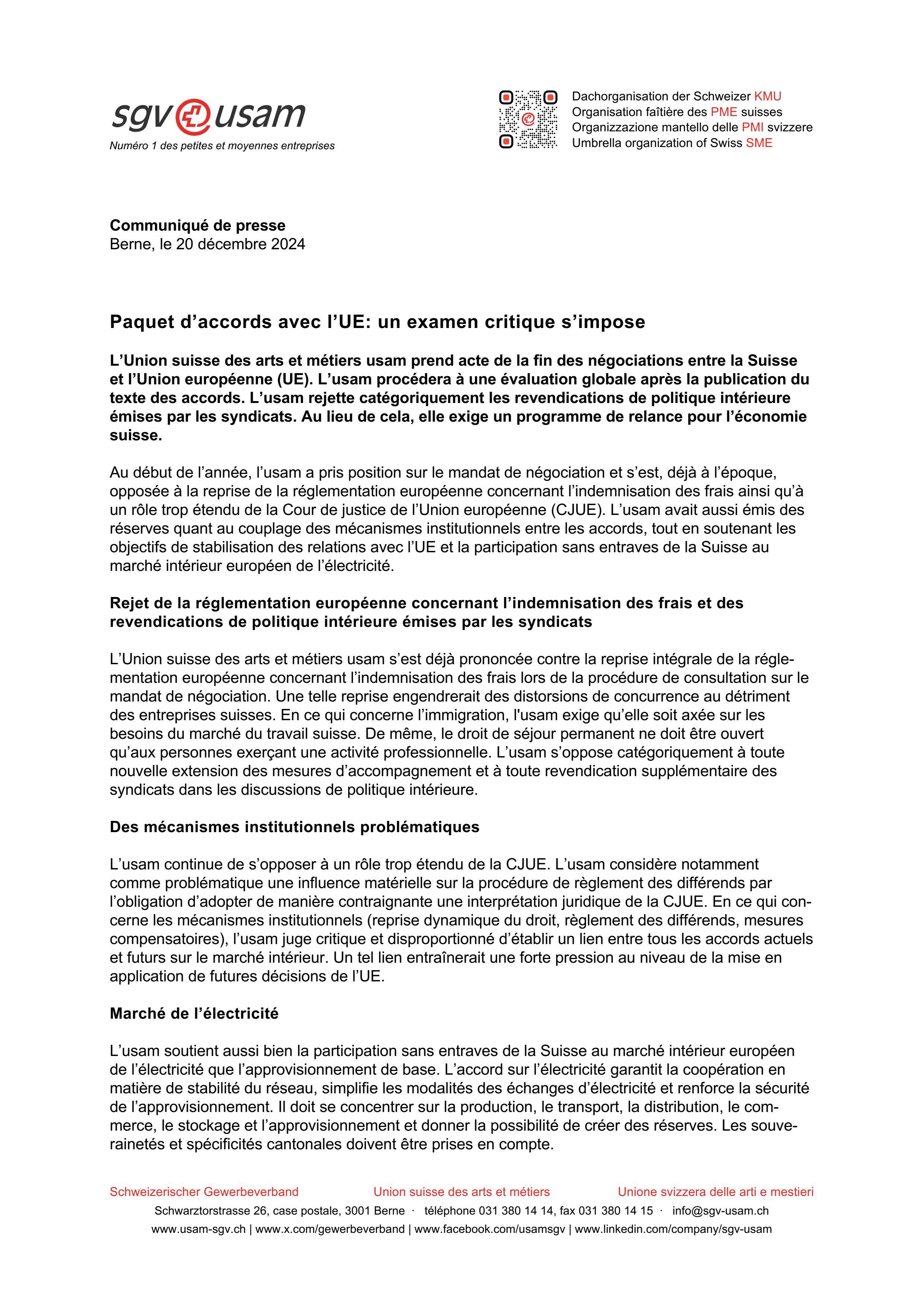 Paquet d’accords avec l’UE: un examen critique s’impose