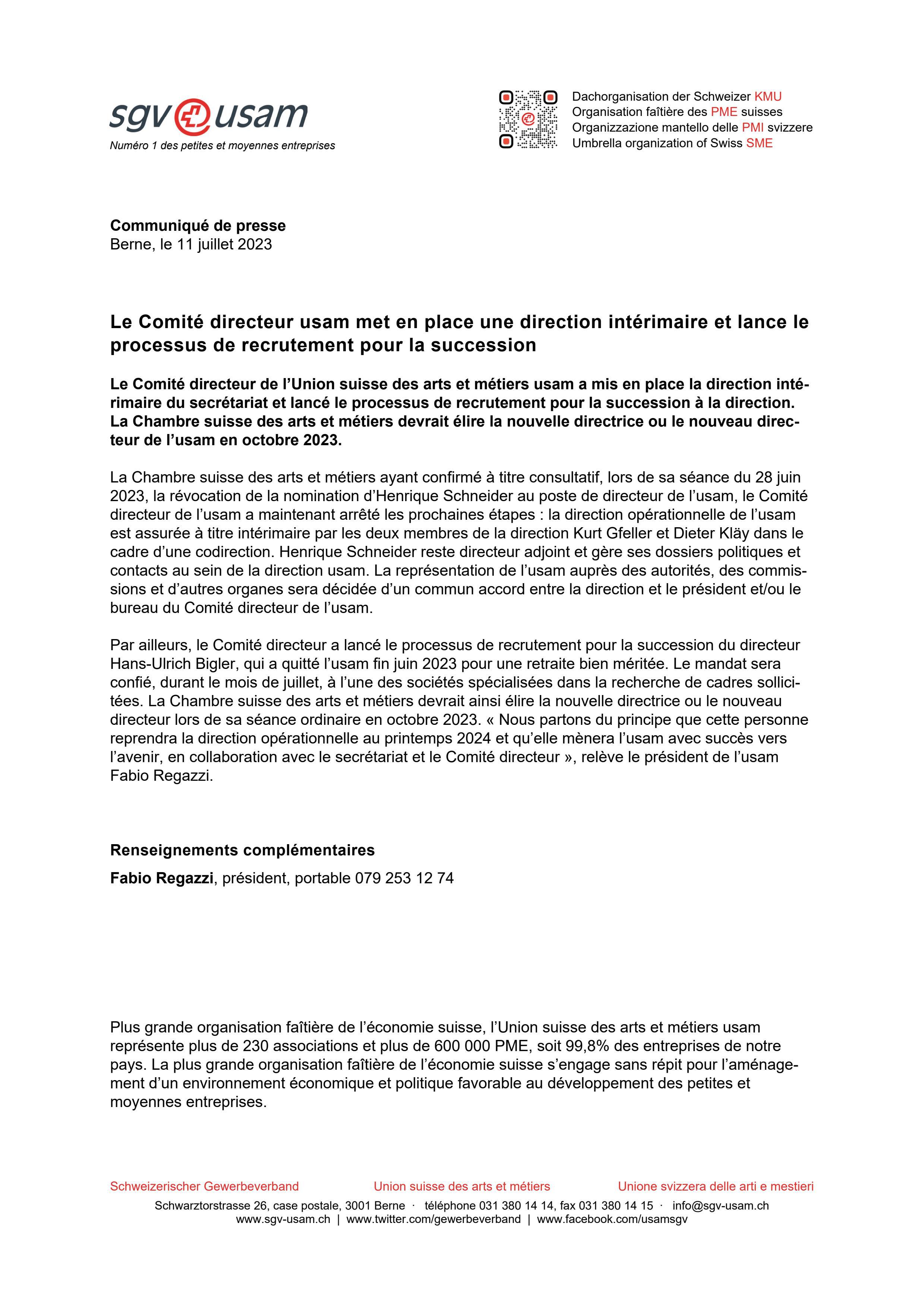 Le Comité directeur usam met en place une direction intérimaire et lance le processus de recrutement pour la succession