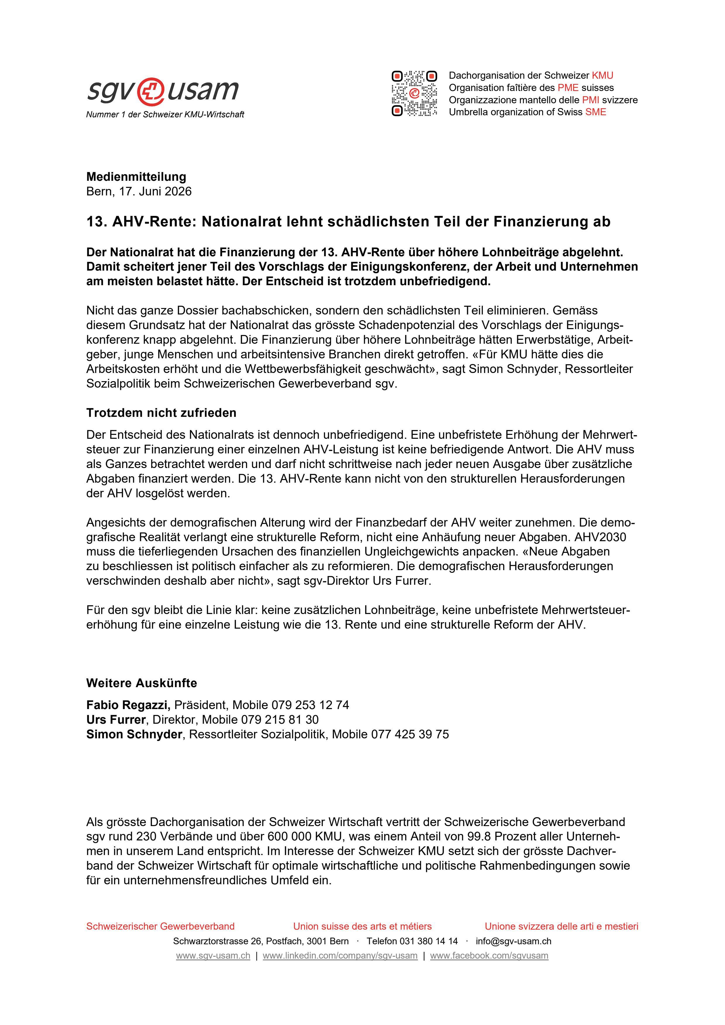 13. AHV-Rente: Nationalrat lehnt schädlichsten Teil der Finanzierung ab