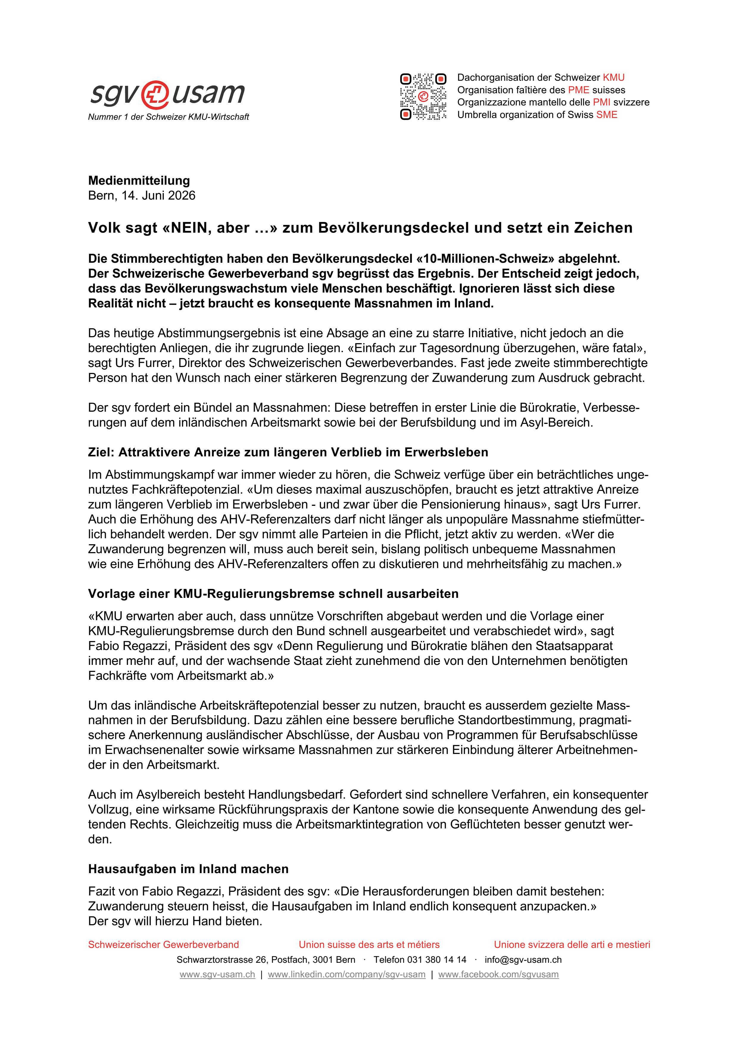 Volk sagt «NEIN, aber …» zum Bevölkerungsdeckel und setzt ein Zeichen
