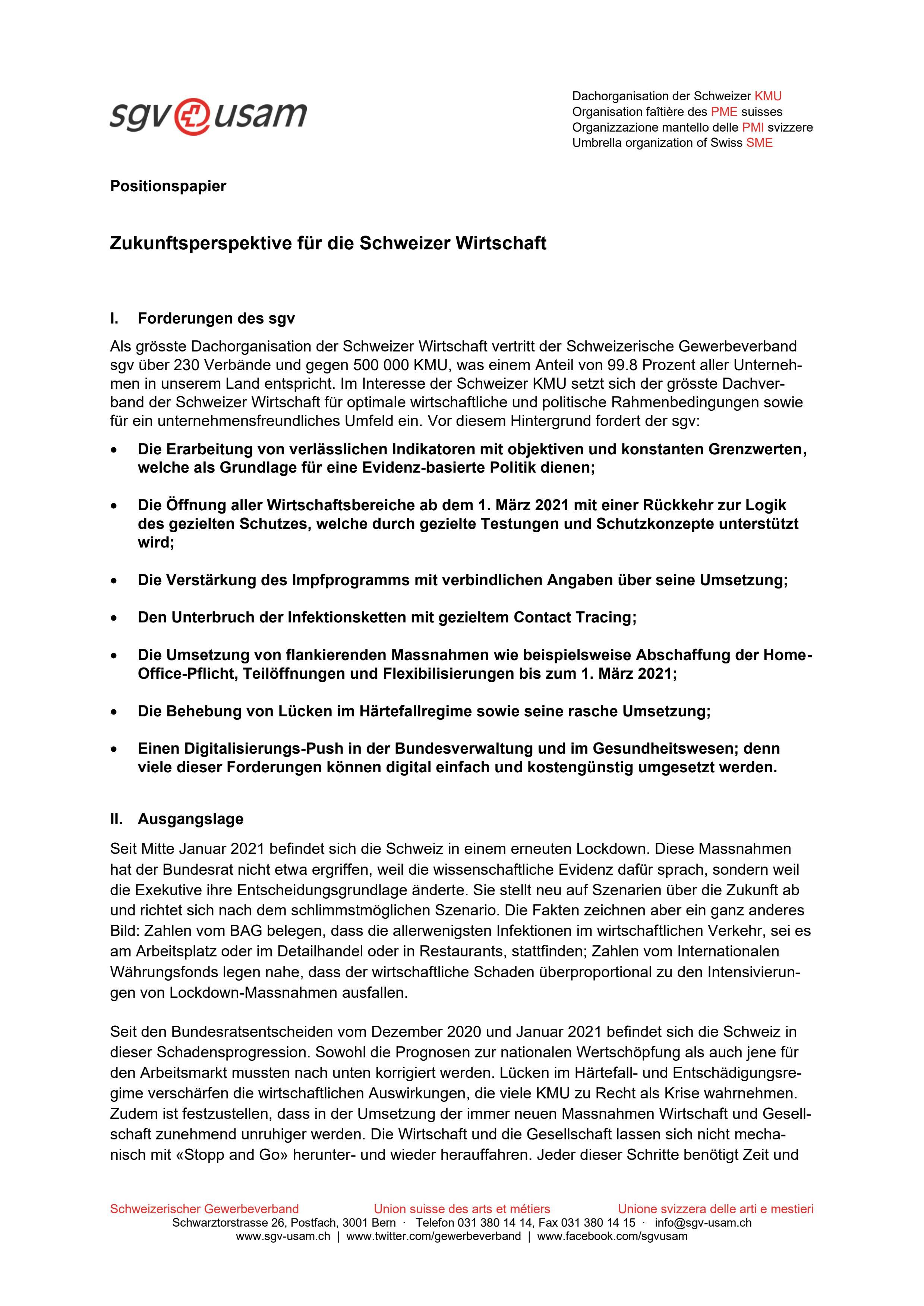  Positionspapier «Zukunftsperspektive für die Schweizer Wirtschaft»