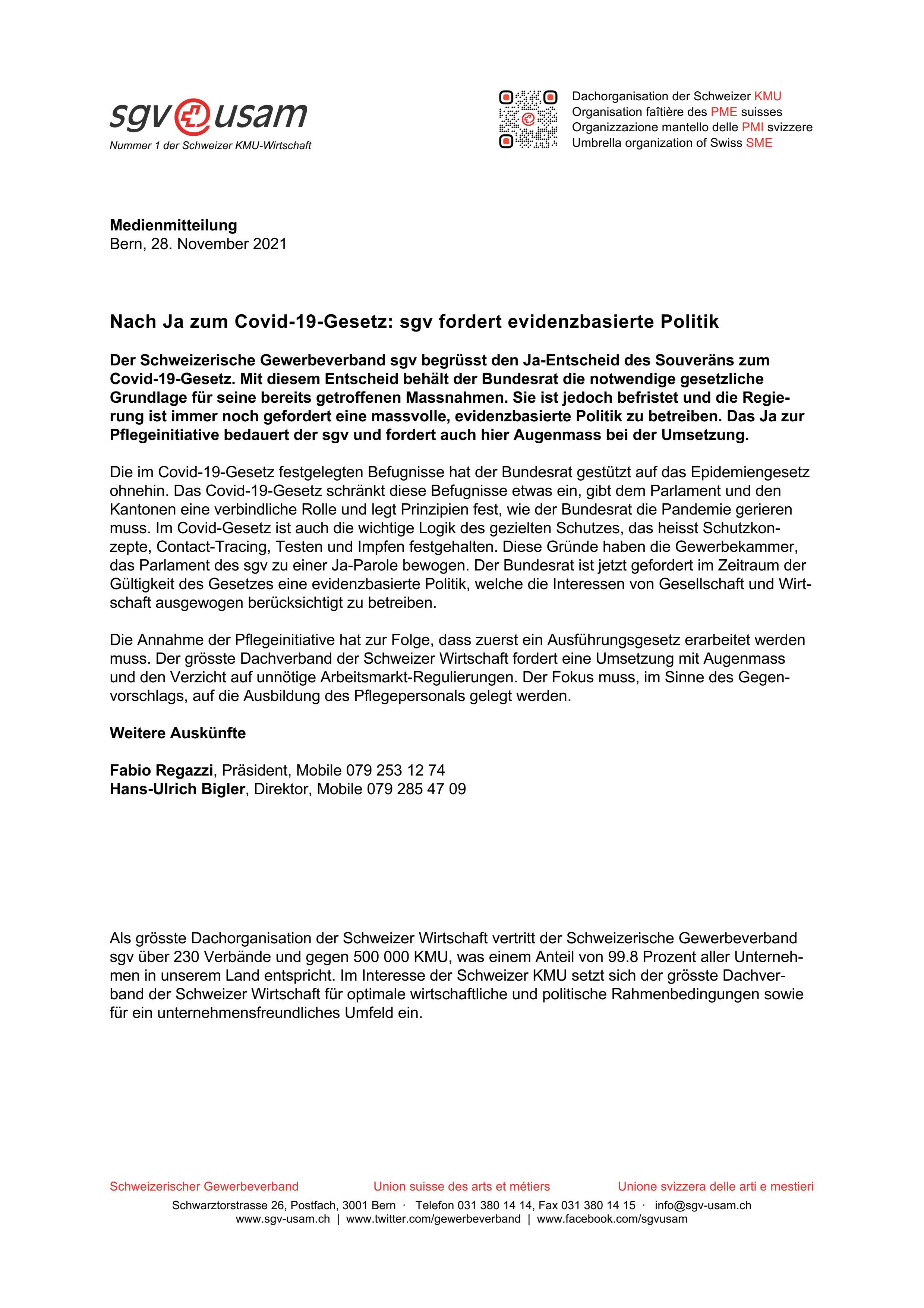 Nach Ja zum Covid-19-Gesetz: sgv fordert evidenzbasierte Politik