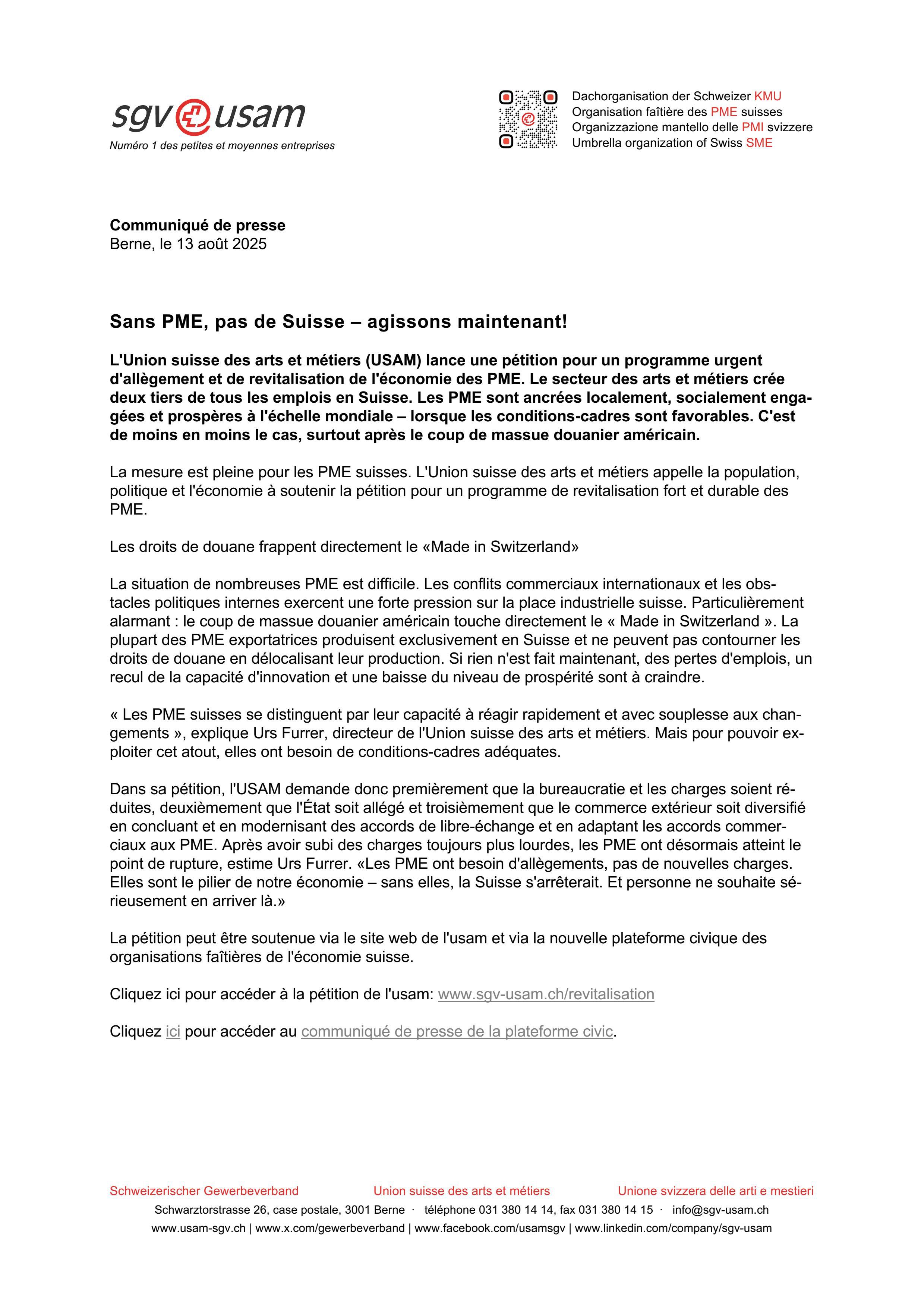 Sans PME, pas de Suisse – agissons maintenant!