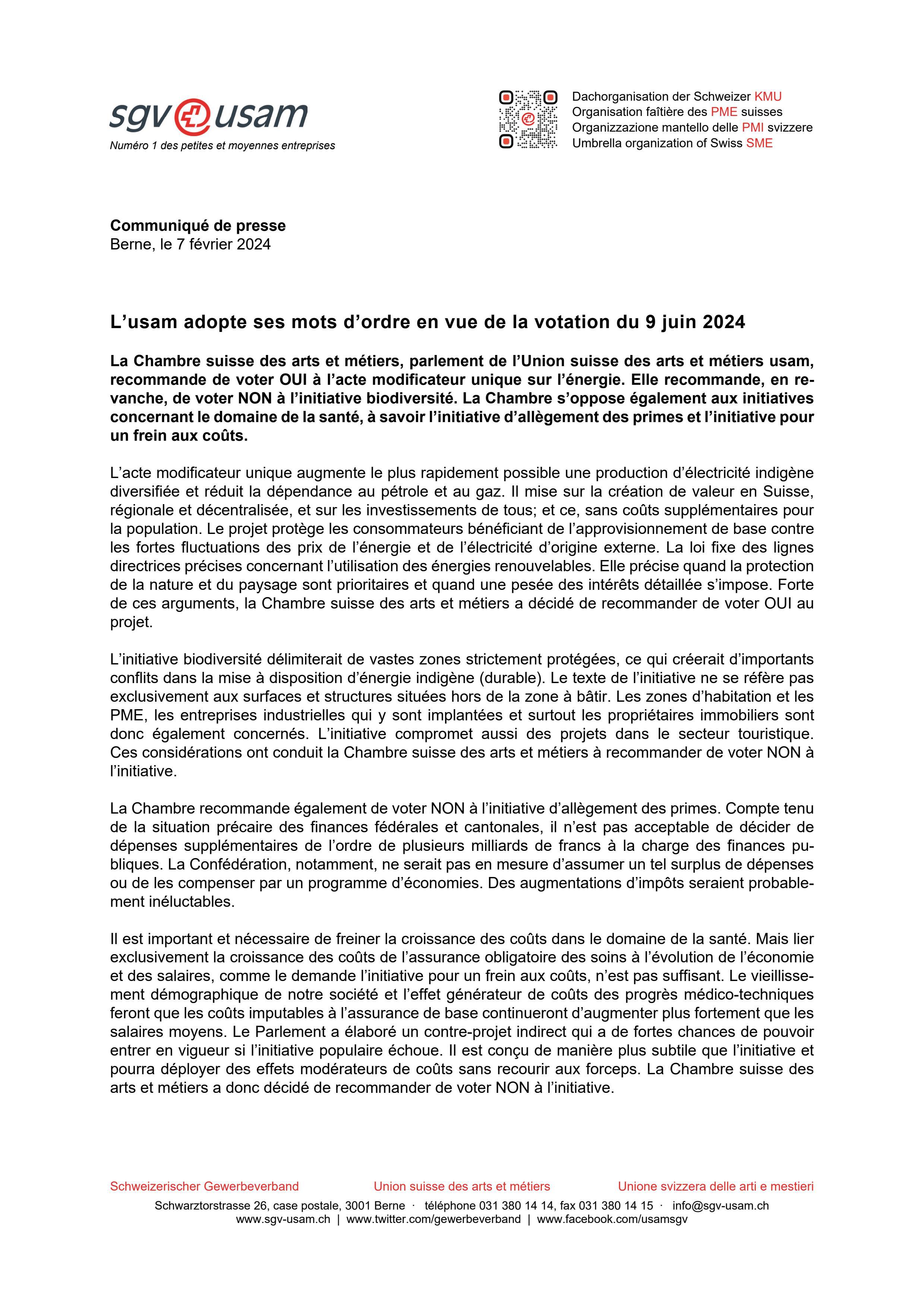 L’usam adopte ses mots d’ordre en vue de la votation du 9 juin 2024