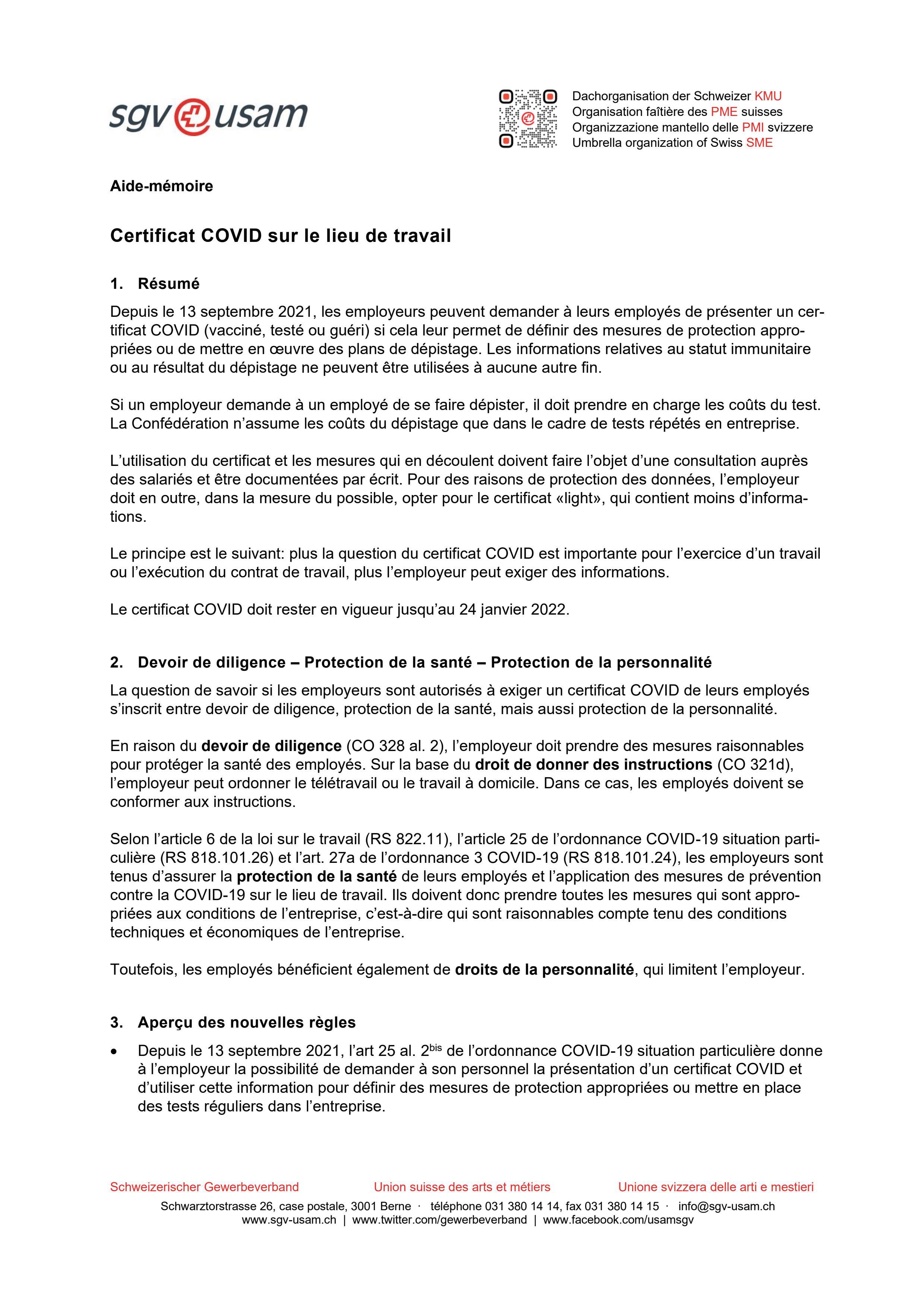  Aide-mémoire certificat COVID sur le lieu de travail | Etat 23 septembre 2021