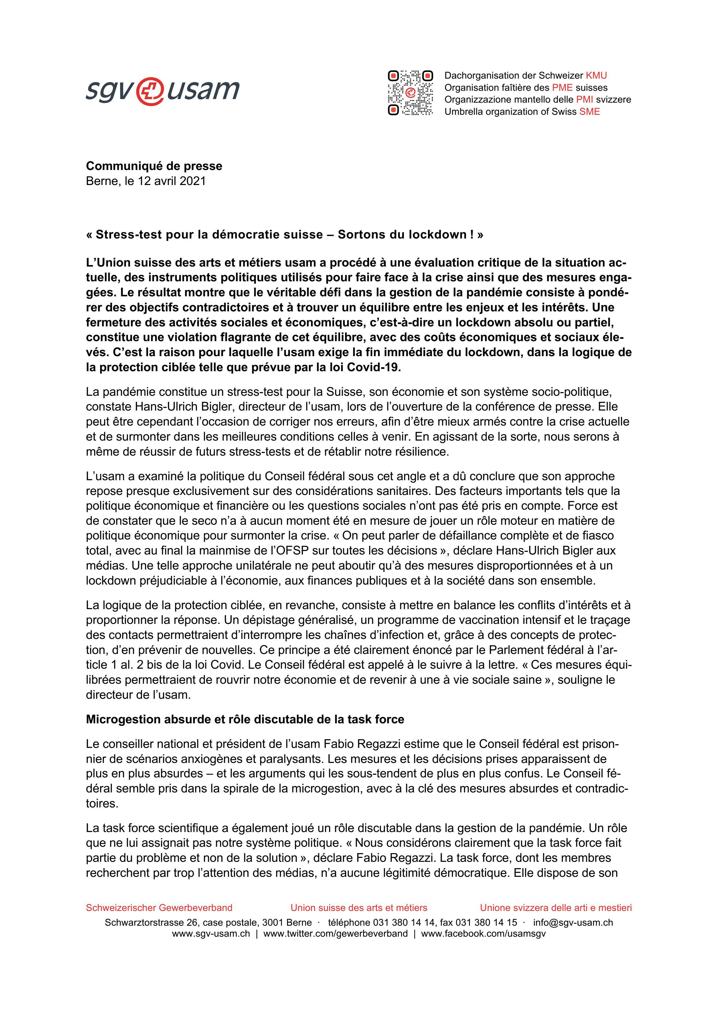 «Stress-test pour la démocratie suisse – Sortons du lockdown!»