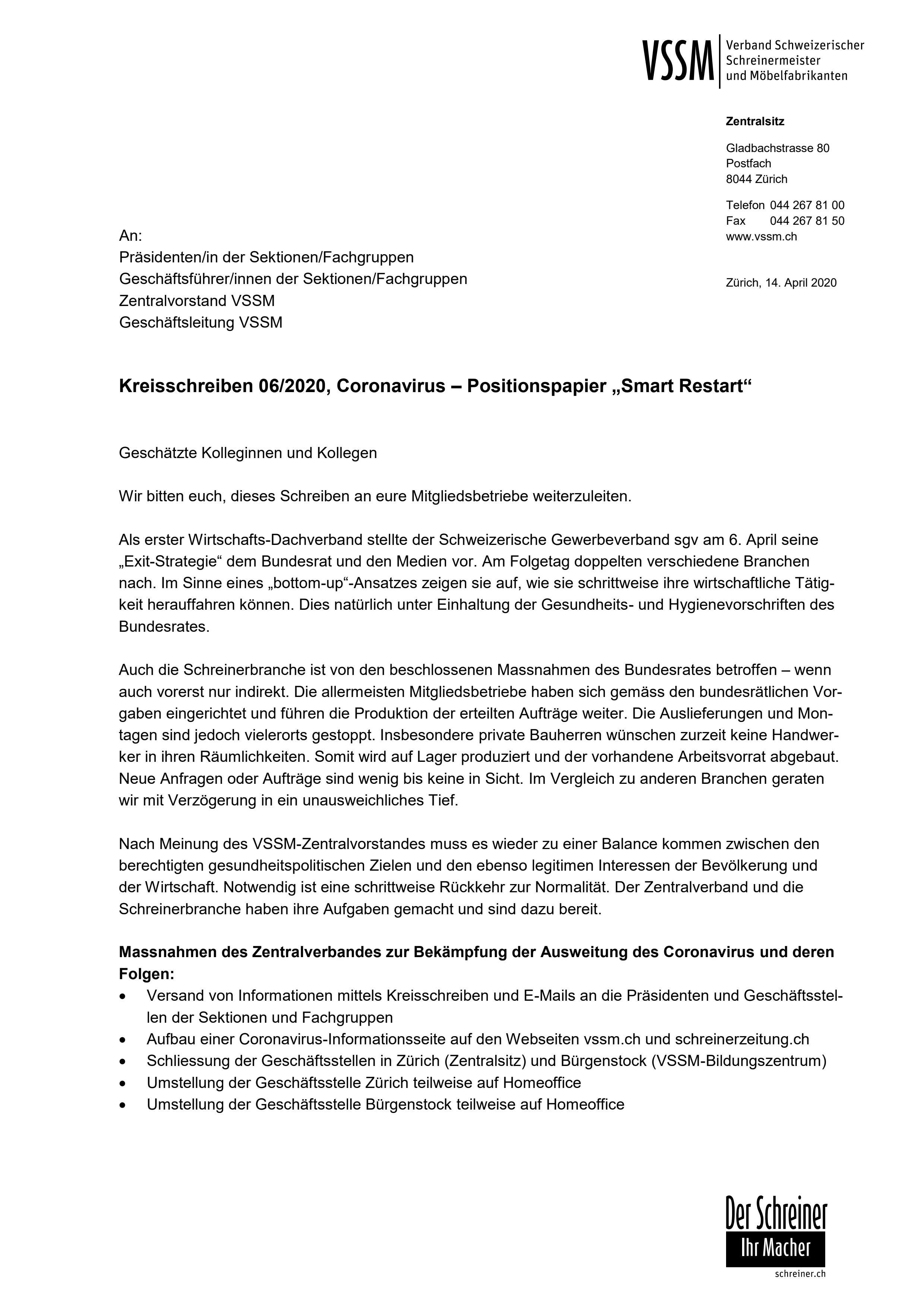  Konzept «Smart Restart» Schreiner & Möbelfabrikanten, VSSM (disponible en allemand seulement)