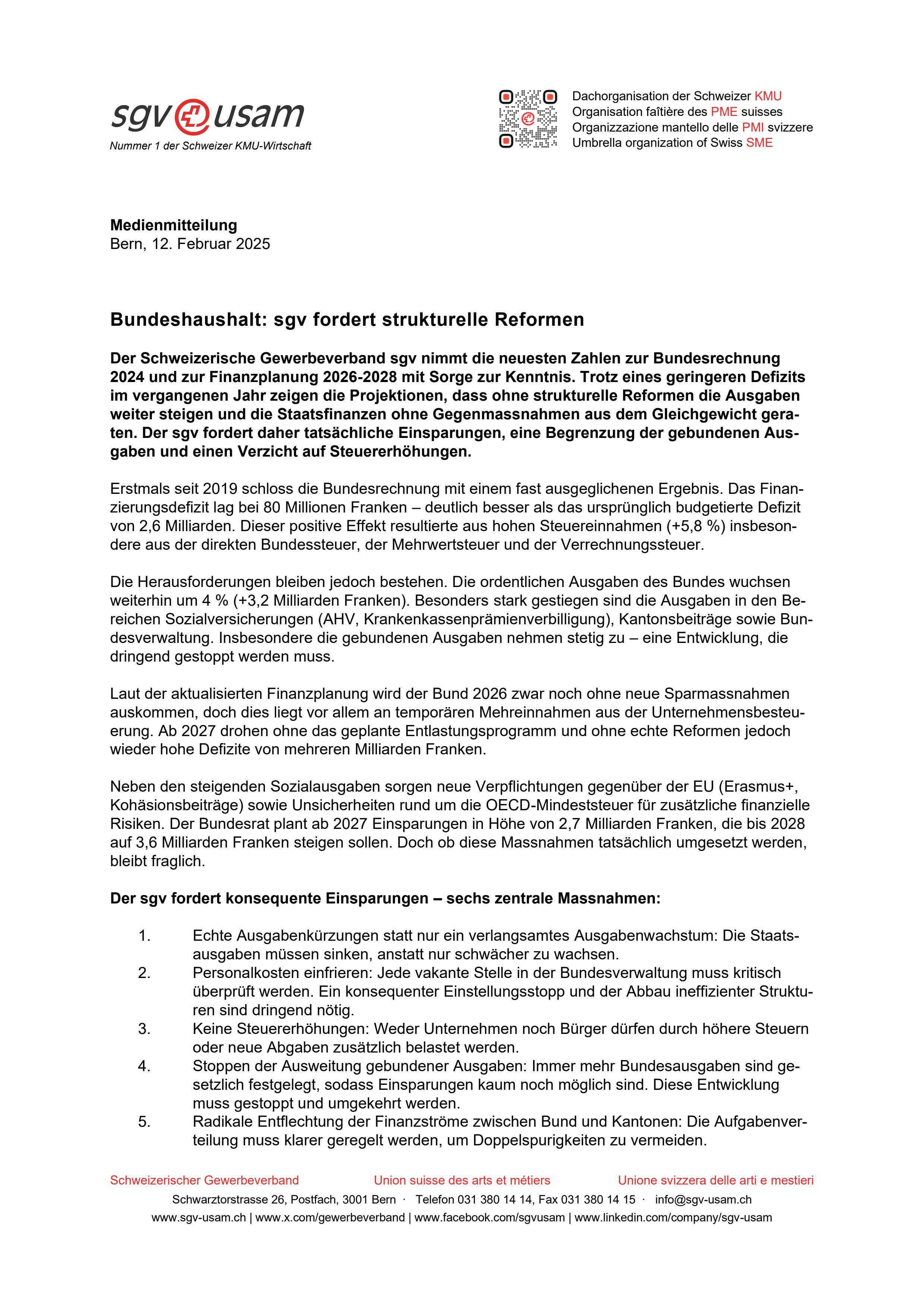 Bundeshaushalt: sgv fordert strukturelle Reformen