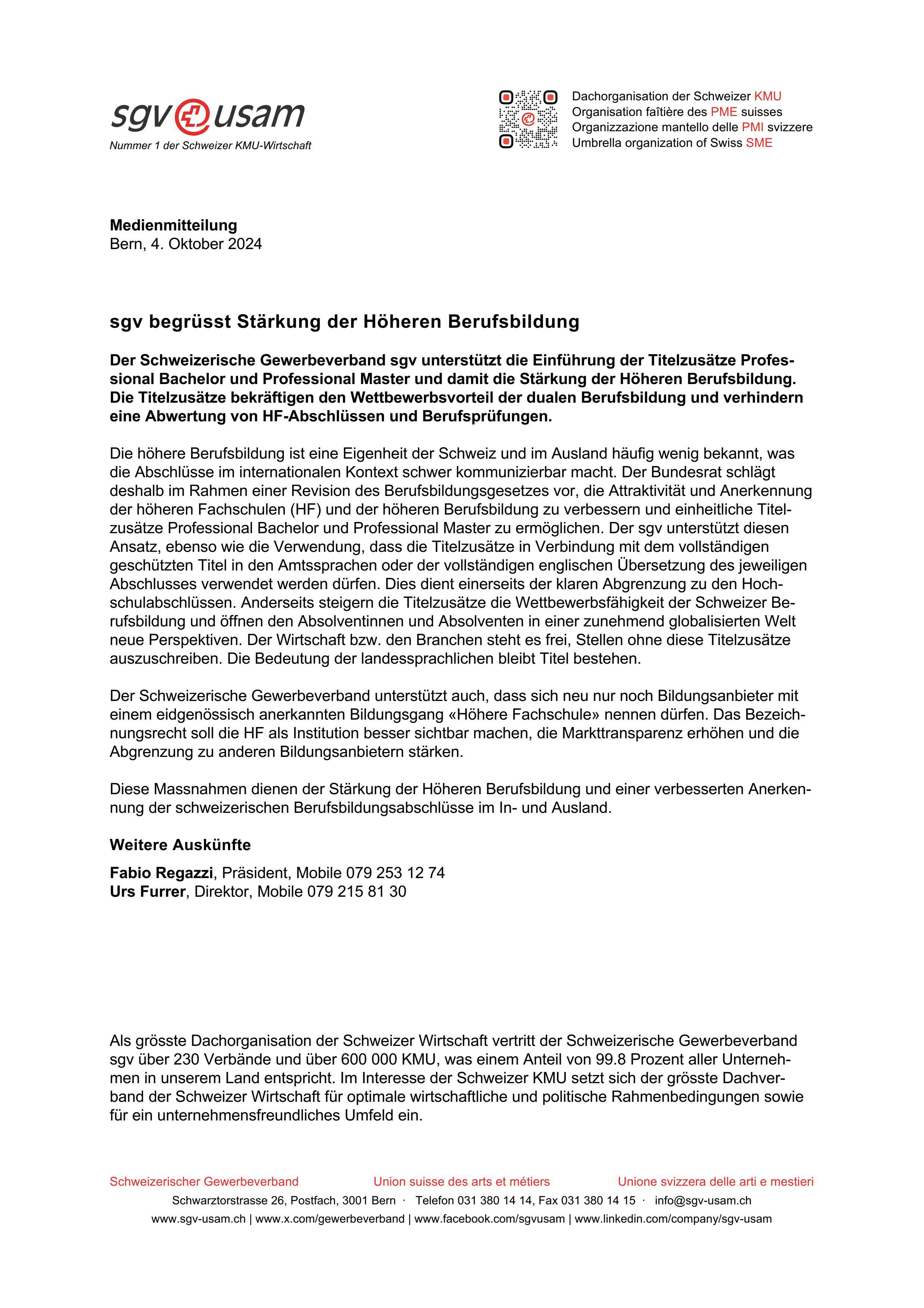 sgv begrüsst Stärkung der Höheren Berufsbildung