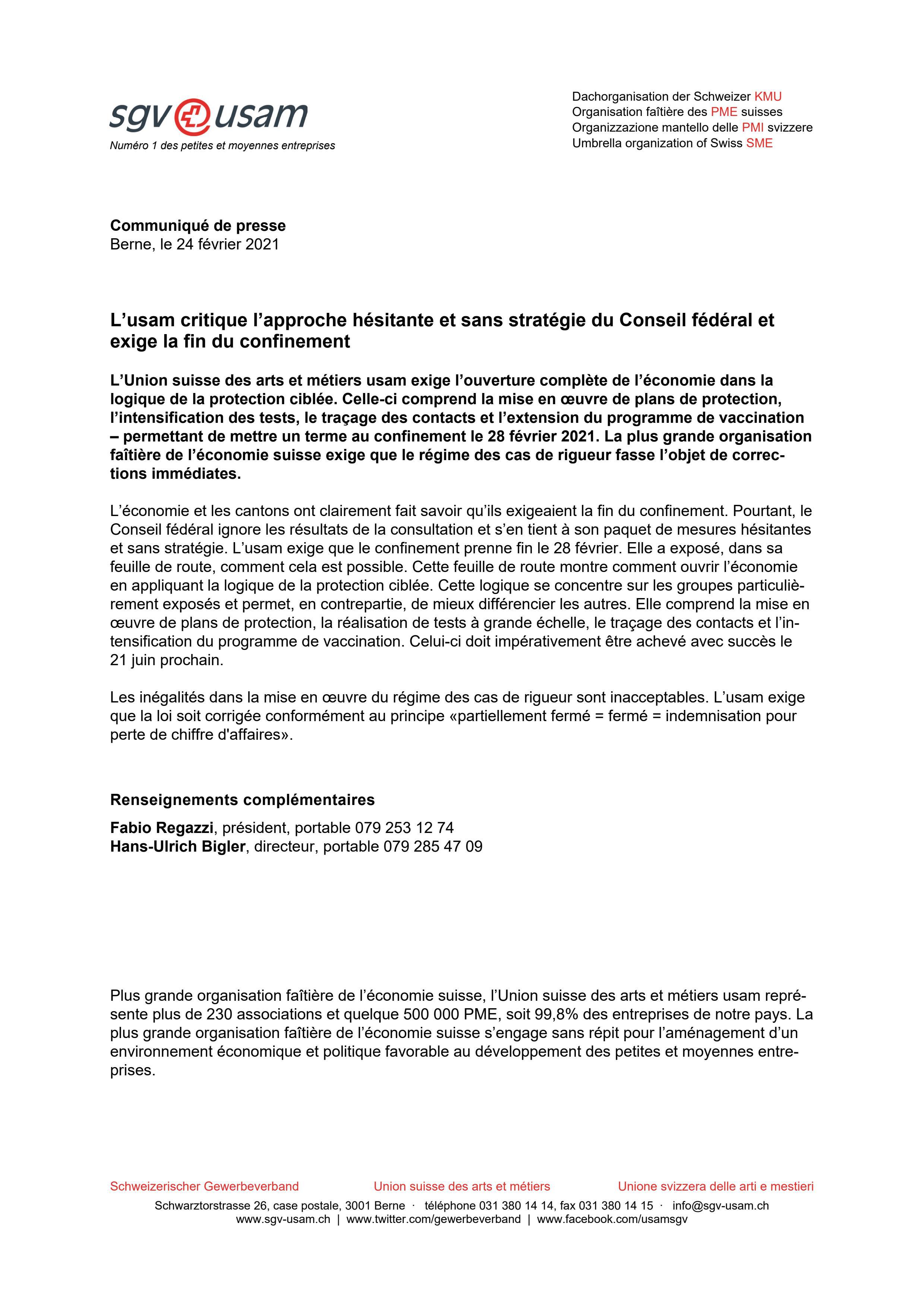 L’usam critique l’approche hésitante et sans stratégie du Conseil fédéral et exige la fin du confinement