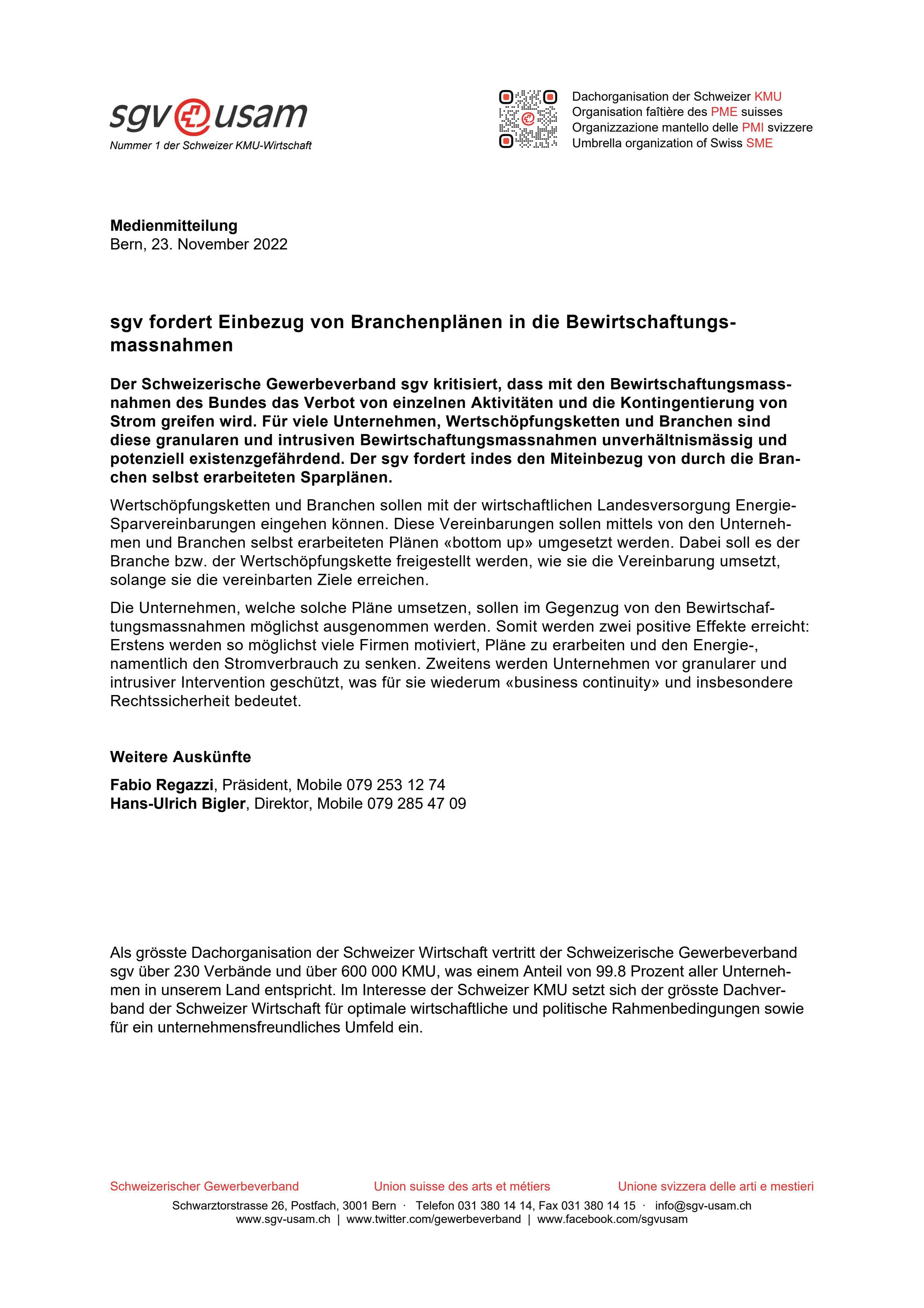 sgv fordert Einbezug von Branchenplänen in die Bewirtschaftungsmassnahmen