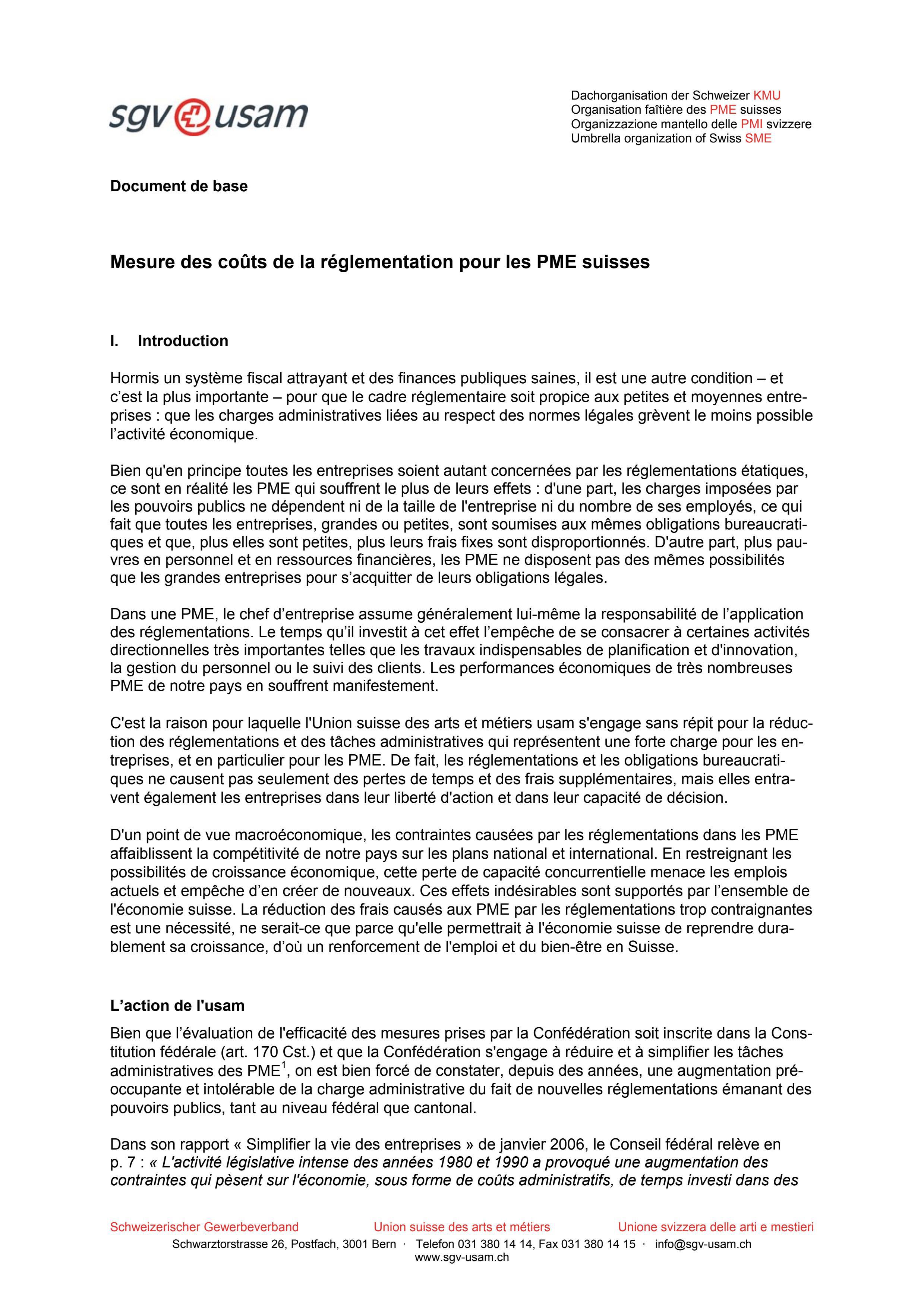  Document de base «Mesure des coûts de la réglementation pour les PME suisses»